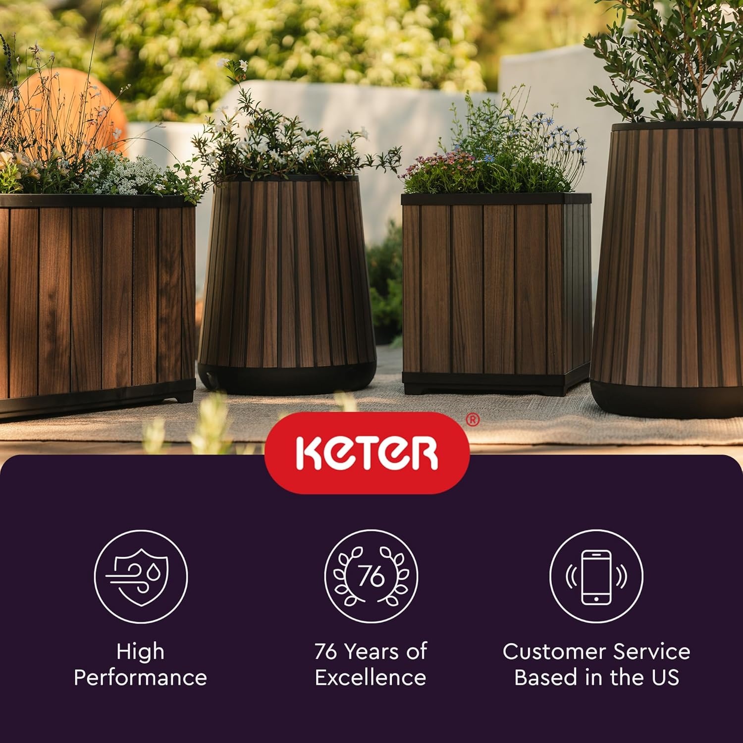 image:imageKeter Signature 216 Inch Tall Square Large Wood Look Planter for Indoor or Outdoor Flower Pot Ideal for Patio Deck and Front Porch Decor RosewoodSquare