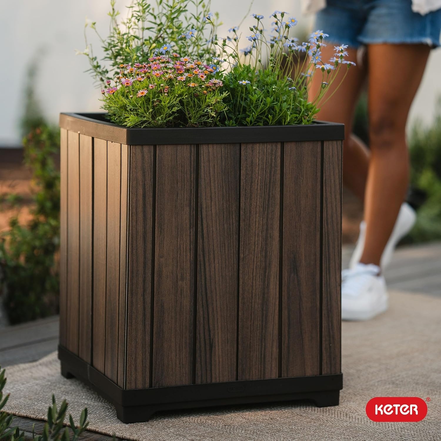 image:imageKeter Signature 216 Inch Tall Square Large Wood Look Planter for Indoor or Outdoor Flower Pot Ideal for Patio Deck and Front Porch Decor RosewoodSquare