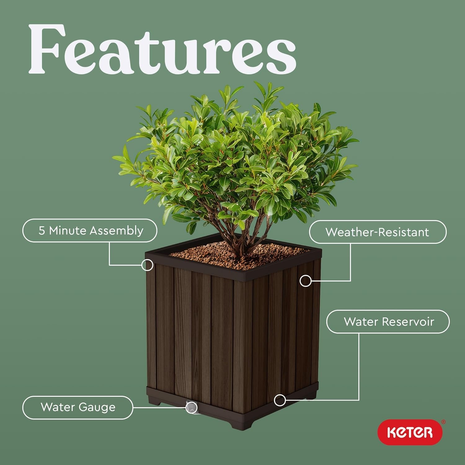 image:imageKeter Signature 216 Inch Tall Square Large Wood Look Planter for Indoor or Outdoor Flower Pot Ideal for Patio Deck and Front Porch Decor RosewoodSquare