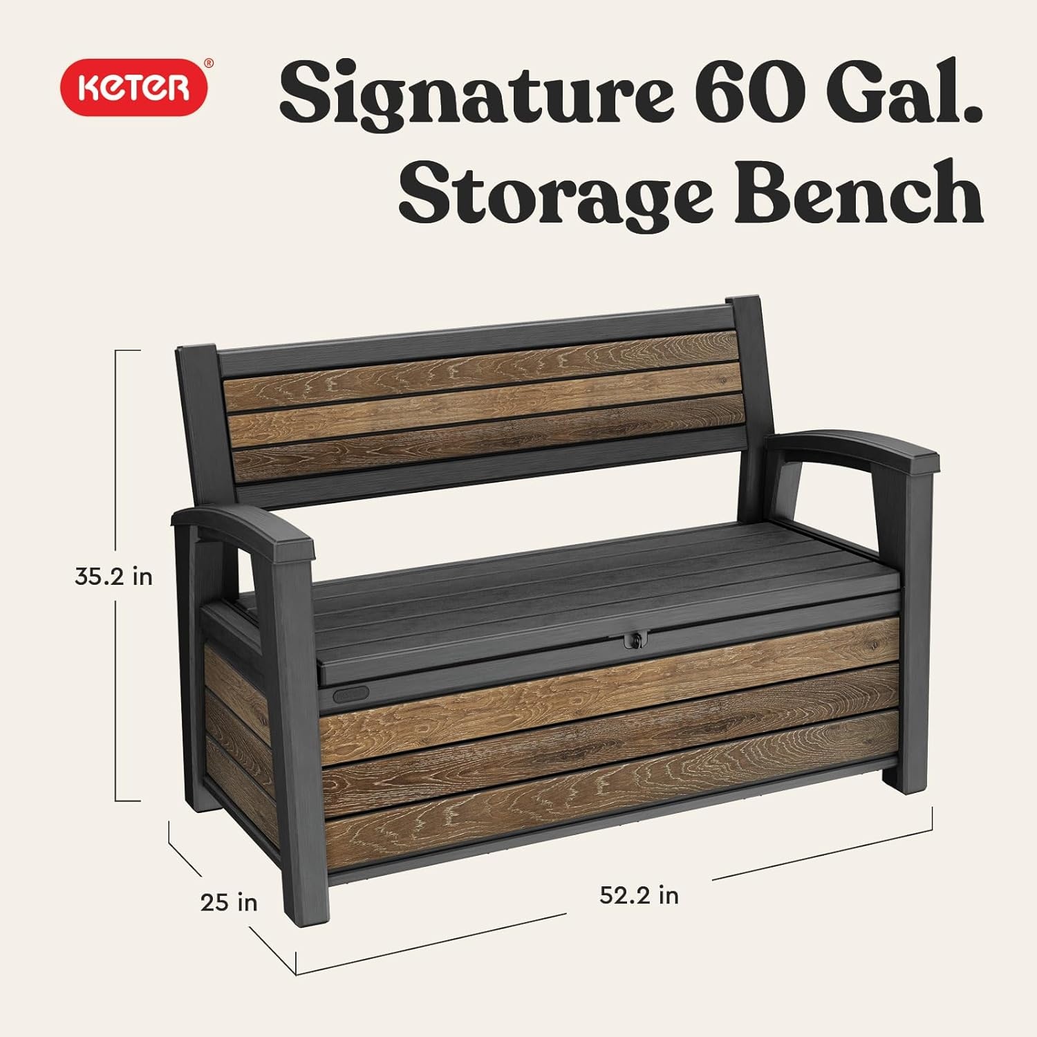 image:imageKeter Signature 60 Gallon Storage Bench Deck Box for Patio Furniture Front Porch Decor and Outdoor Seating Perfect to Store Garden Tools Walnut