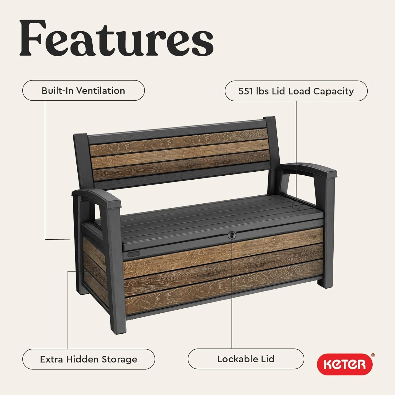 image:imageKeter Signature 60 Gallon Storage Bench Deck Box for Patio Furniture Front Porch Decor and Outdoor Seating Perfect to Store Garden Tools Walnut