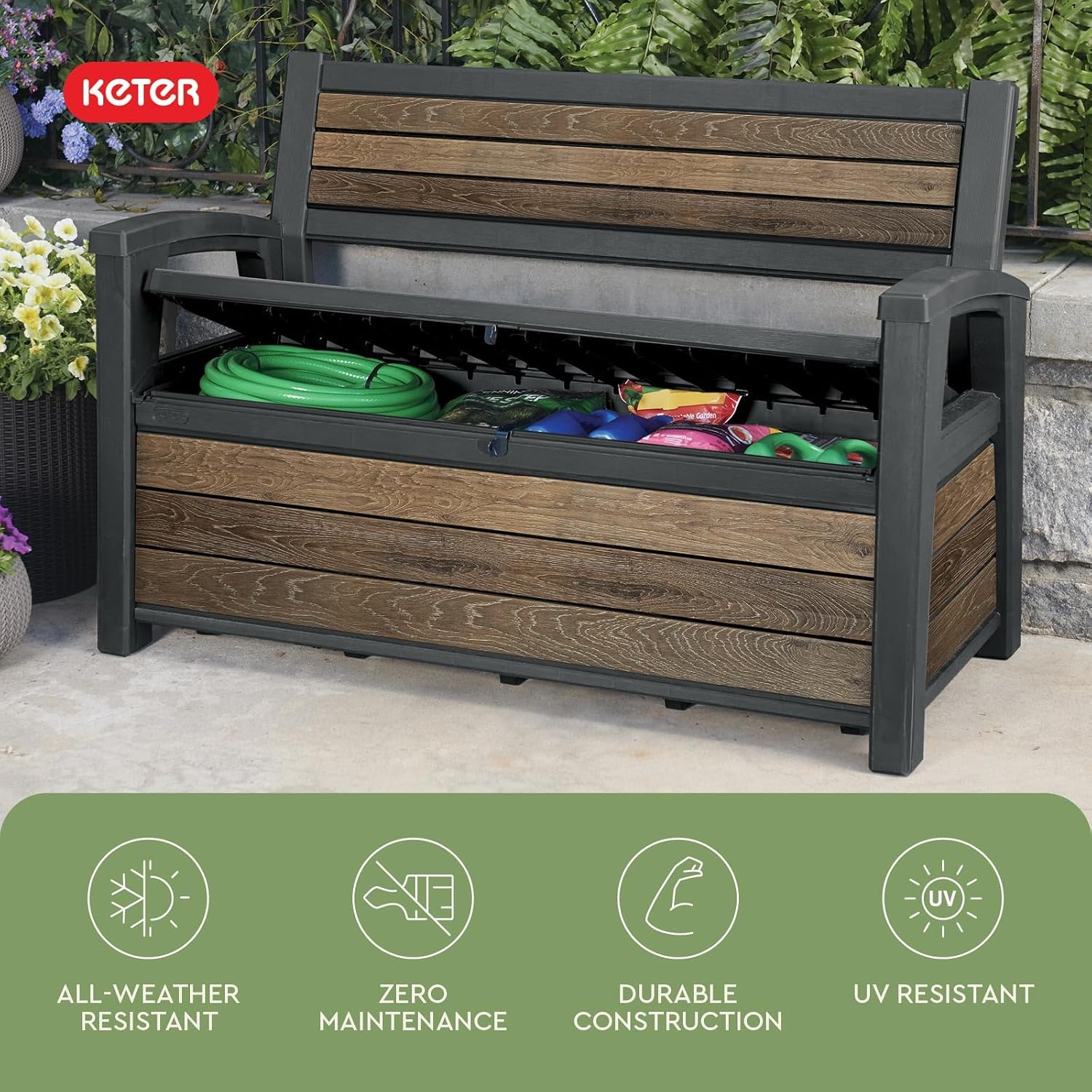 image:imageKeter Signature 60 Gallon Storage Bench Deck Box for Patio Furniture Front Porch Decor and Outdoor Seating Perfect to Store Garden Tools Walnut