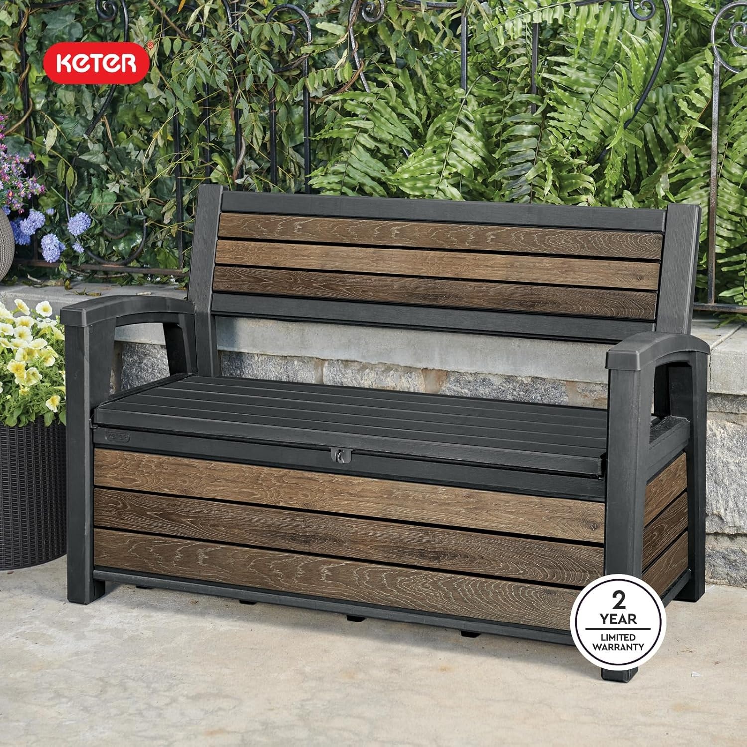 image:imageKeter Signature 60 Gallon Storage Bench Deck Box for Patio Furniture Front Porch Decor and Outdoor Seating Perfect to Store Garden Tools Walnut