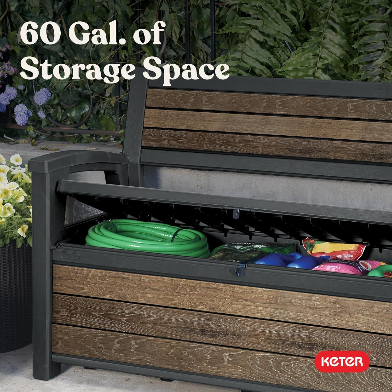 image:imageKeter Signature 60 Gallon Storage Bench Deck Box for Patio Furniture Front Porch Decor and Outdoor Seating Perfect to Store Garden Tools Walnut