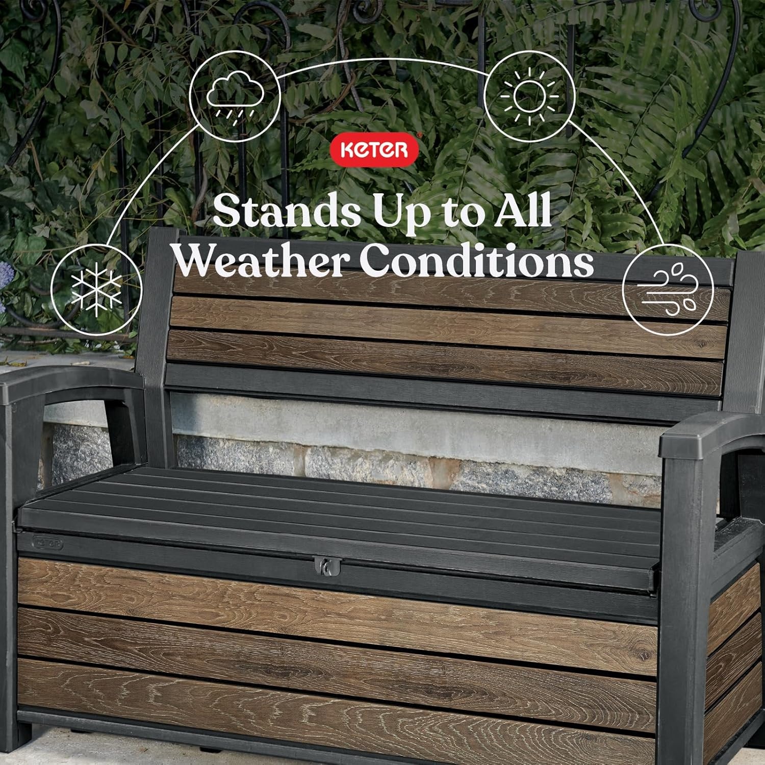 image:imageKeter Signature 60 Gallon Storage Bench Deck Box for Patio Furniture Front Porch Decor and Outdoor Seating Perfect to Store Garden Tools Walnut