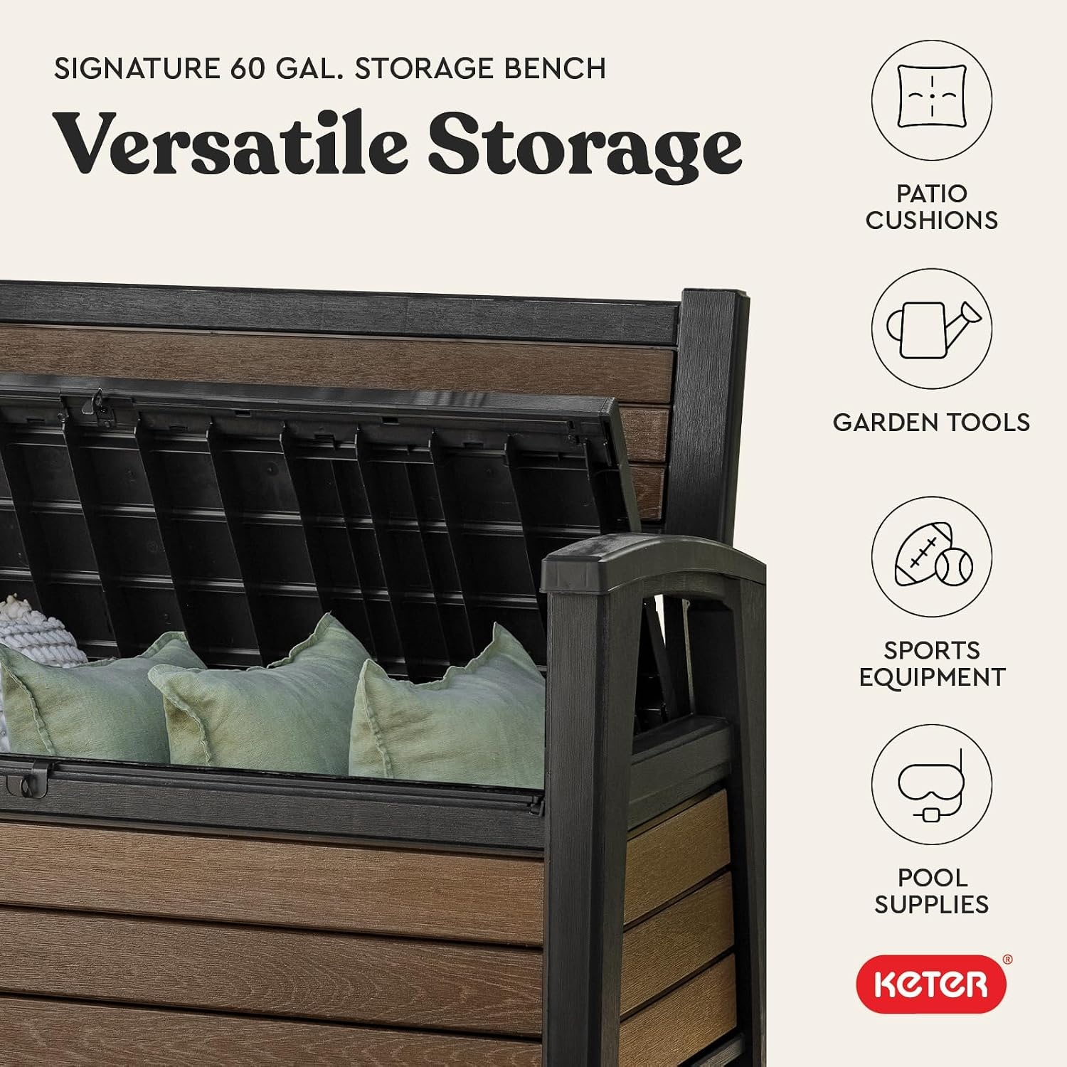 image:imageKeter Signature 60 Gallon Storage Bench Deck Box for Patio Furniture Front Porch Decor and Outdoor Seating Perfect to Store Garden Tools Walnut