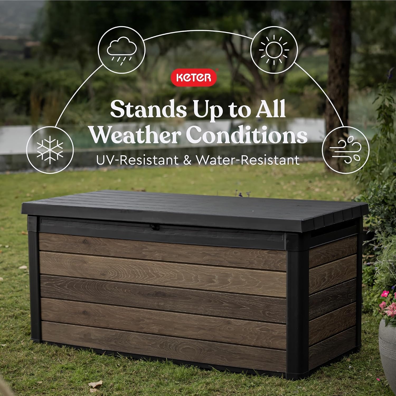 image:imageKeter Signature Collection 150 Gallon Resin Deck Box Organization and Storage Box for Patio Outdoor Cushions Throw Pillows Garden Tools and Pool Supplies WalnutWalnut