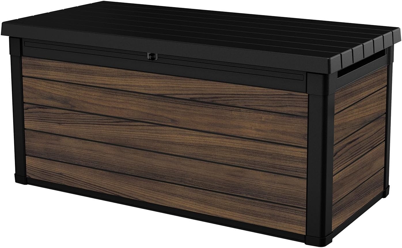 image:imageKeter Signature Collection 150 Gallon Resin Deck Box Organization and Storage Box for Patio Outdoor Cushions Throw Pillows Garden Tools and Pool Supplies WalnutRosewood