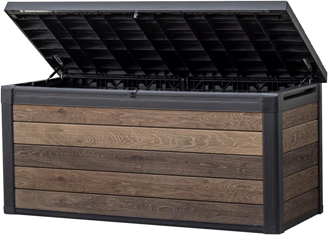 image:imageKeter Signature Collection 150 Gallon Resin Deck Box Organization and Storage Box for Patio Outdoor Cushions Throw Pillows Garden Tools and Pool Supplies WalnutWalnut