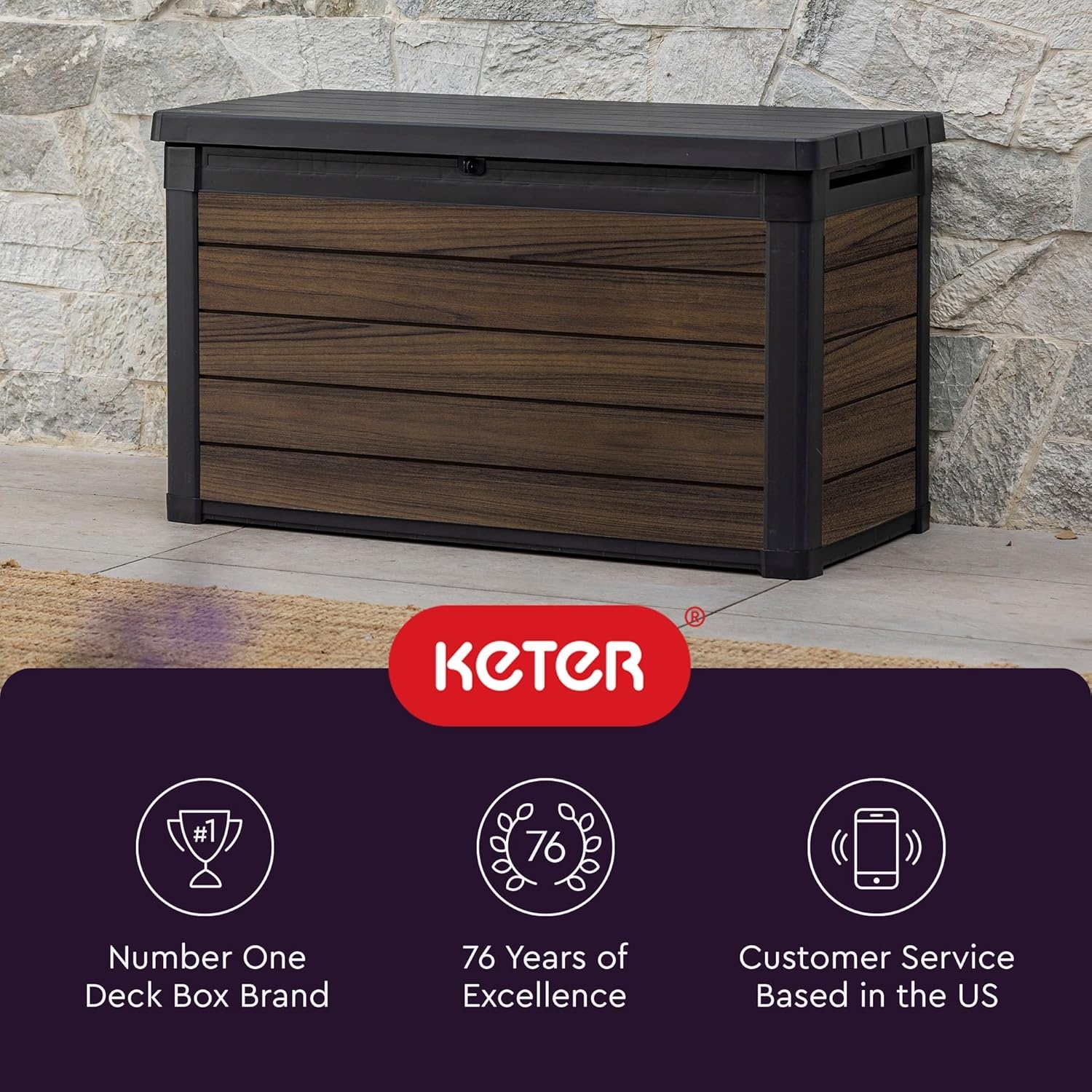 image:imageKeter Signature Collection 150 Gallon Resin Deck Box Organization and Storage Box for Patio Outdoor Cushions Throw Pillows Garden Tools and Pool Supplies WalnutRosewood