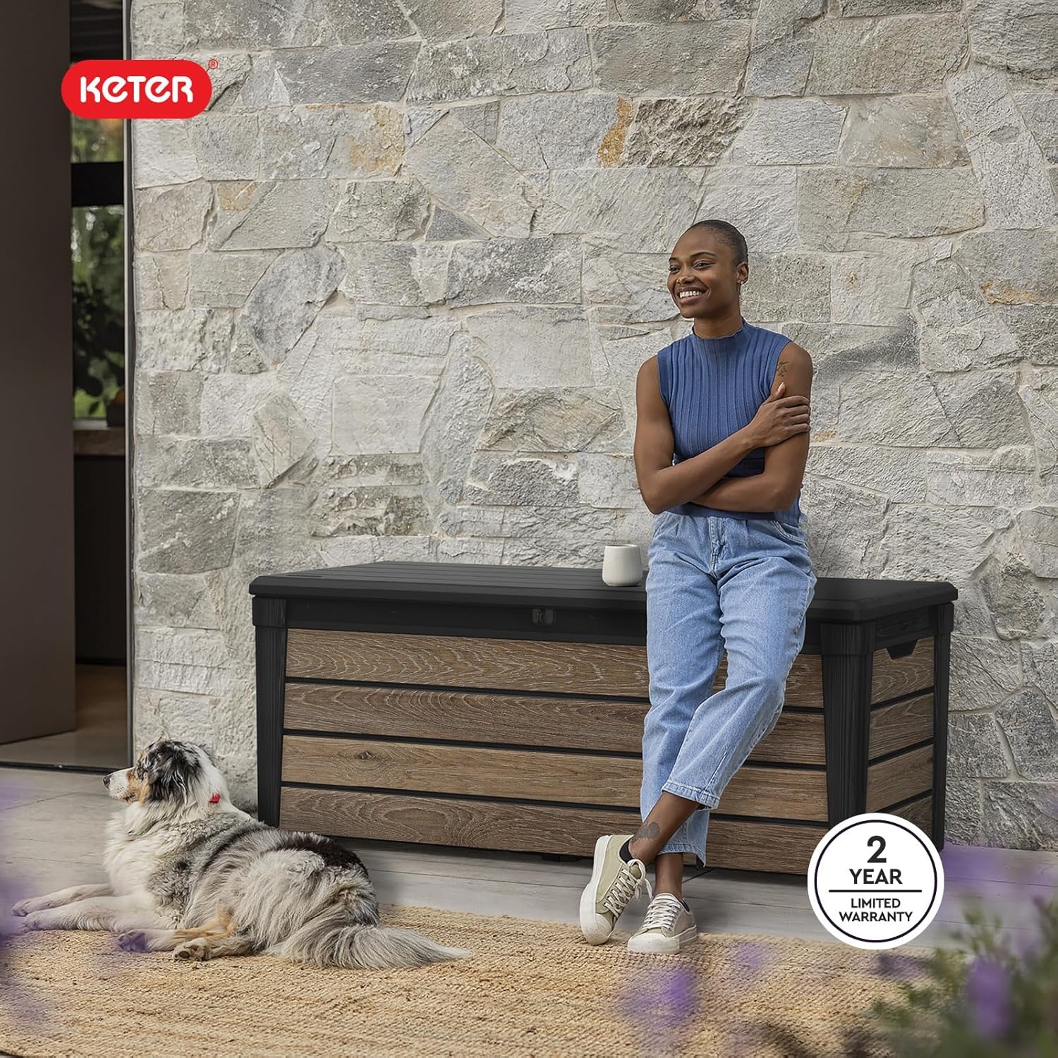 image:imageKeter Signature Collection 150 Gallon Resin Deck Box Organization and Storage Box for Patio Outdoor Cushions Throw Pillows Garden Tools and Pool Supplies WalnutWalnut