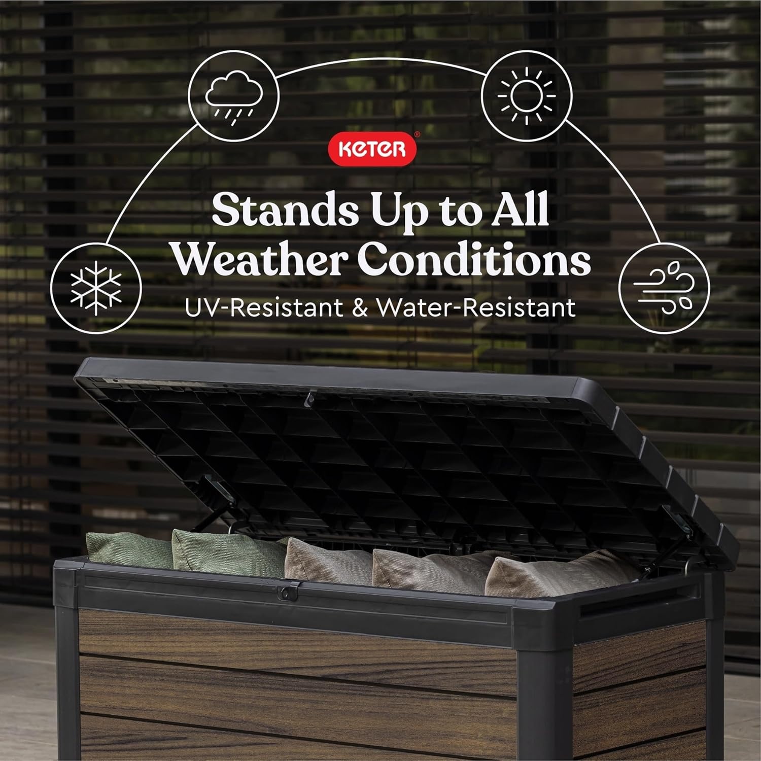 image:imageKeter Signature Collection 150 Gallon Resin Deck Box Organization and Storage Box for Patio Outdoor Cushions Throw Pillows Garden Tools and Pool Supplies WalnutRosewood