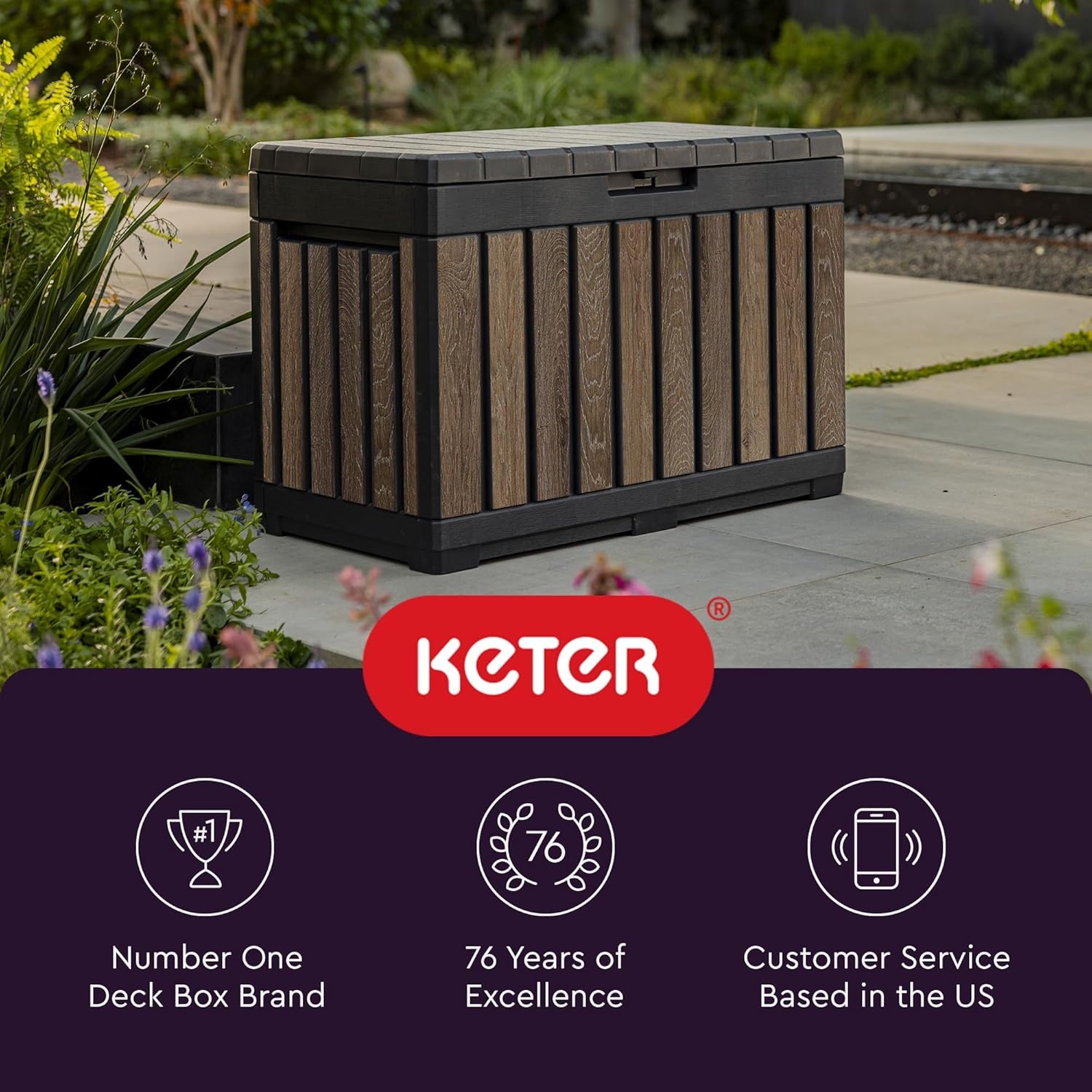 image:imageKeter Signature Collection 150 Gallon Resin Deck Box Organization and Storage Box for Patio Outdoor Cushions Throw Pillows Garden Tools and Pool Supplies WalnutWalnut