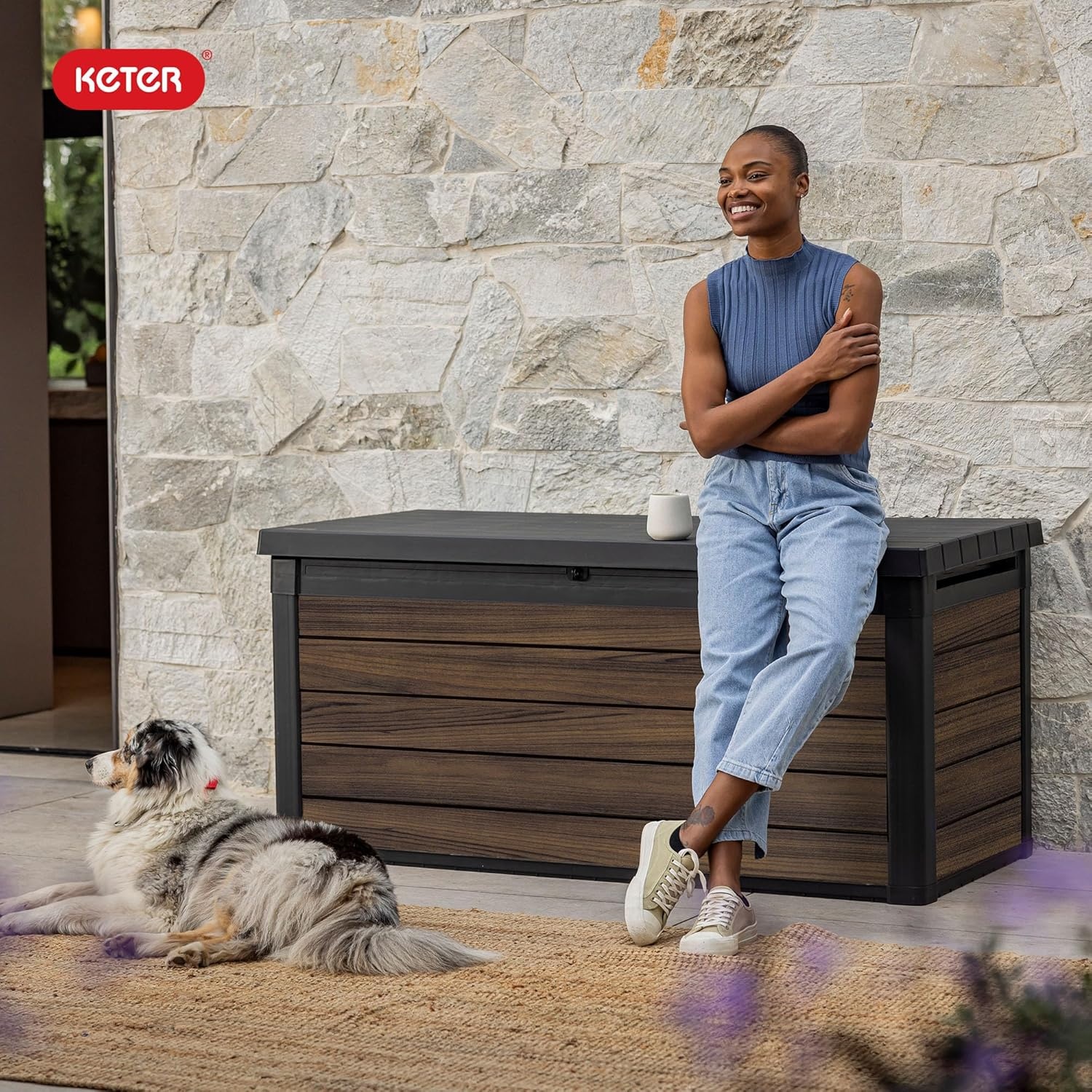 image:imageKeter Signature Collection 150 Gallon Resin Deck Box Organization and Storage Box for Patio Outdoor Cushions Throw Pillows Garden Tools and Pool Supplies WalnutRosewood