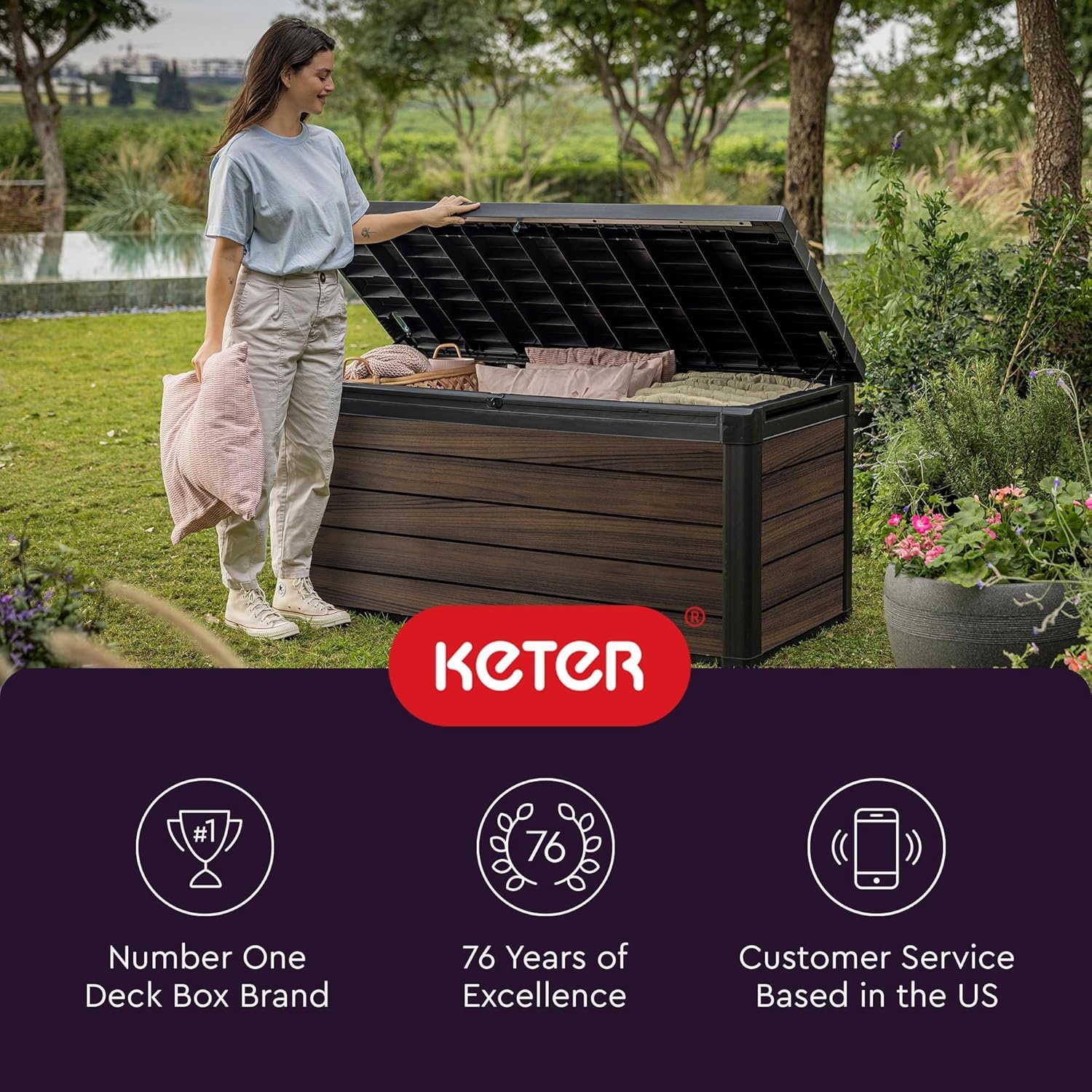 image:imageKeter Signature Collection 150 Gallon Resin Deck Box Organization and Storage Box for Patio Outdoor Cushions Throw Pillows Garden Tools and Pool Supplies WalnutRosewood