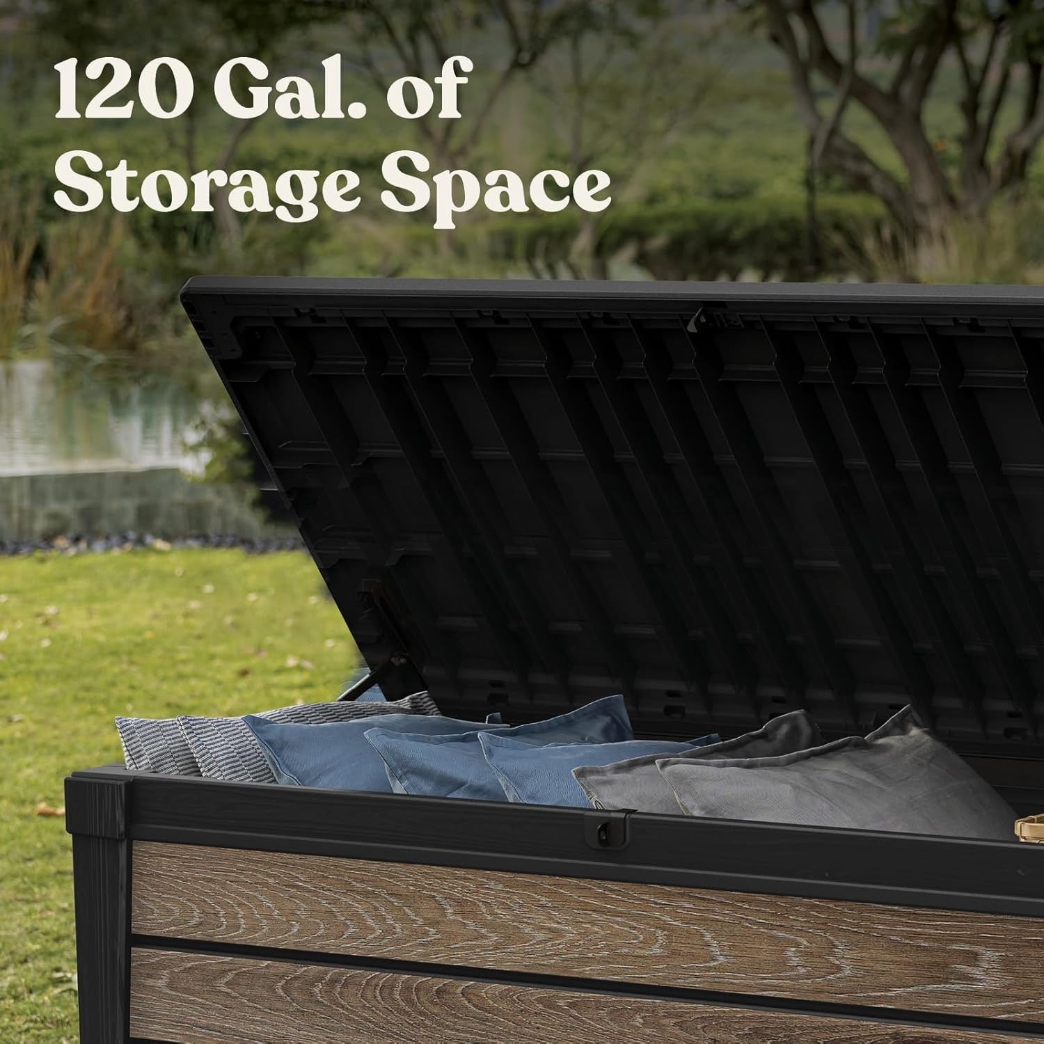 image:imageKeter Signature Collection 150 Gallon Resin Deck Box Organization and Storage Box for Patio Outdoor Cushions Throw Pillows Garden Tools and Pool Supplies WalnutWalnut