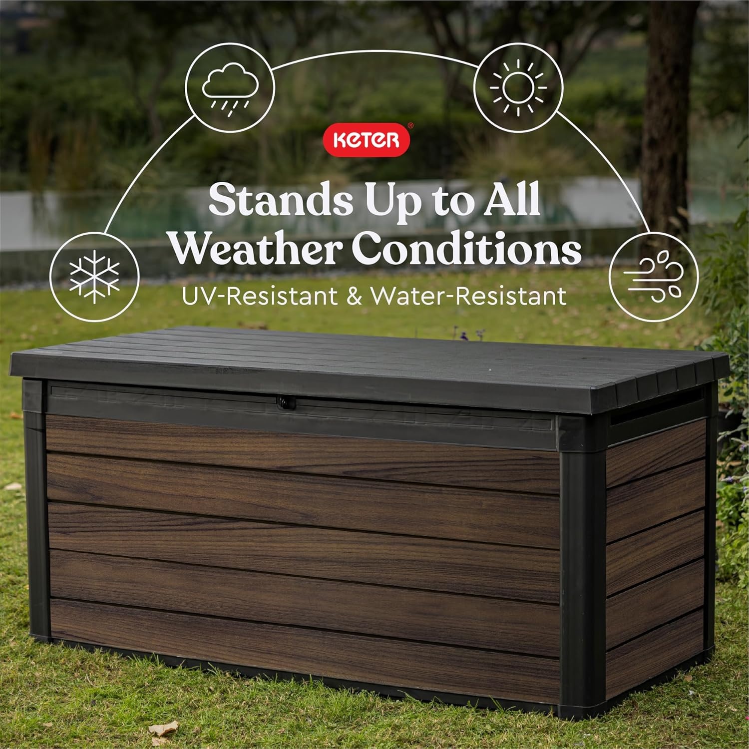 image:imageKeter Signature Collection 150 Gallon Resin Deck Box Organization and Storage Box for Patio Outdoor Cushions Throw Pillows Garden Tools and Pool Supplies WalnutRosewood