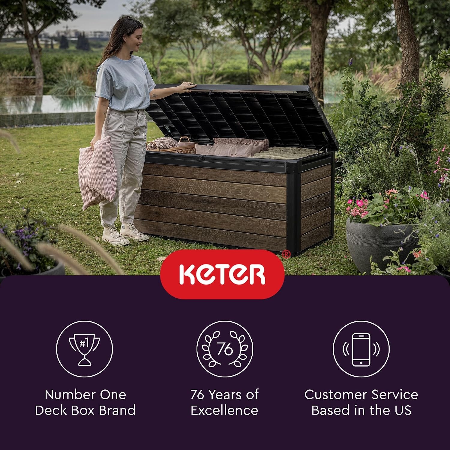 image:imageKeter Signature Collection 150 Gallon Resin Deck Box Organization and Storage Box for Patio Outdoor Cushions Throw Pillows Garden Tools and Pool Supplies WalnutWalnut