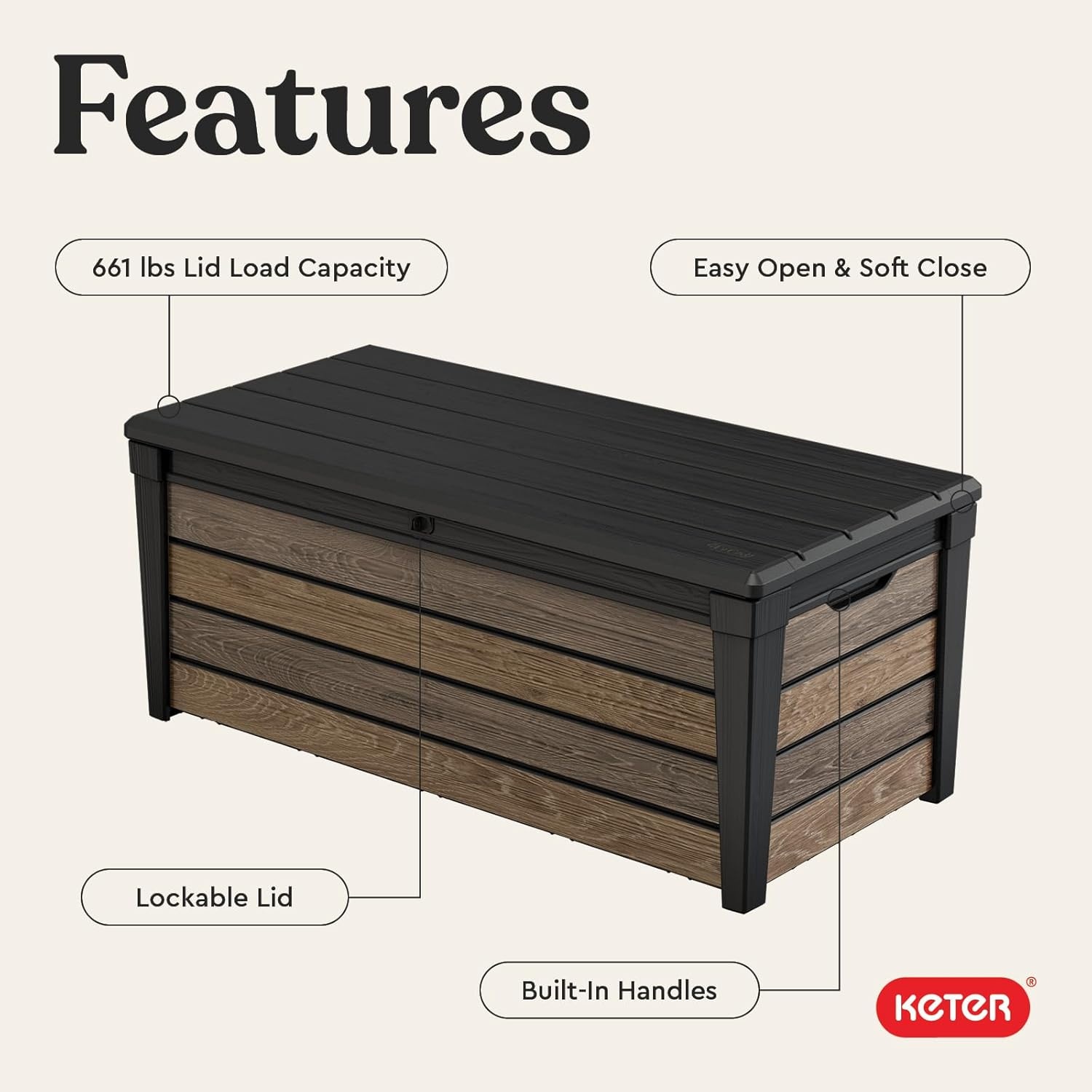 image:imageKeter Signature Collection 150 Gallon Resin Deck Box Organization and Storage Box for Patio Outdoor Cushions Throw Pillows Garden Tools and Pool Supplies WalnutWalnut