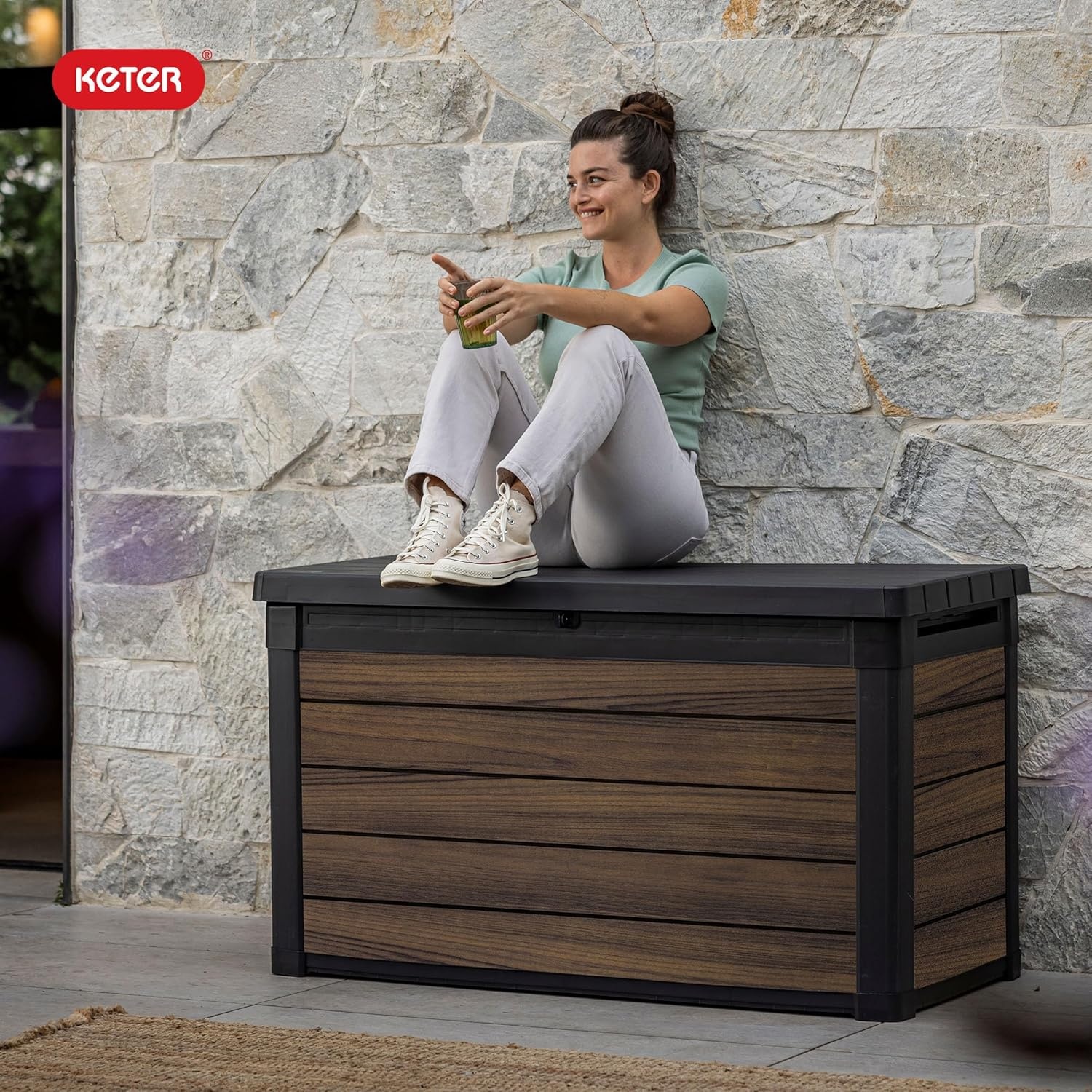 image:imageKeter Signature Collection 150 Gallon Resin Deck Box Organization and Storage Box for Patio Outdoor Cushions Throw Pillows Garden Tools and Pool Supplies WalnutRosewood