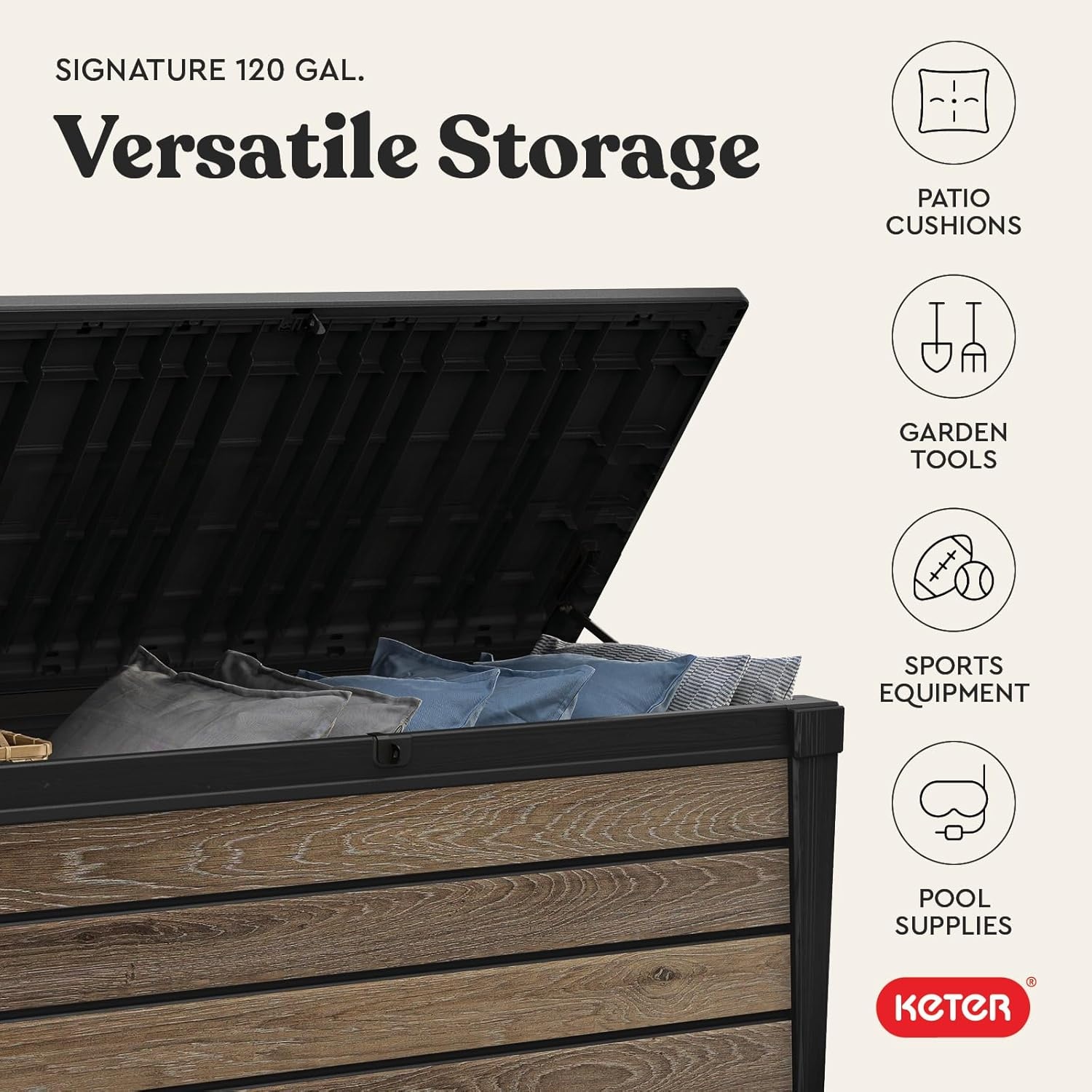 image:imageKeter Signature Collection 150 Gallon Resin Deck Box Organization and Storage Box for Patio Outdoor Cushions Throw Pillows Garden Tools and Pool Supplies WalnutWalnut