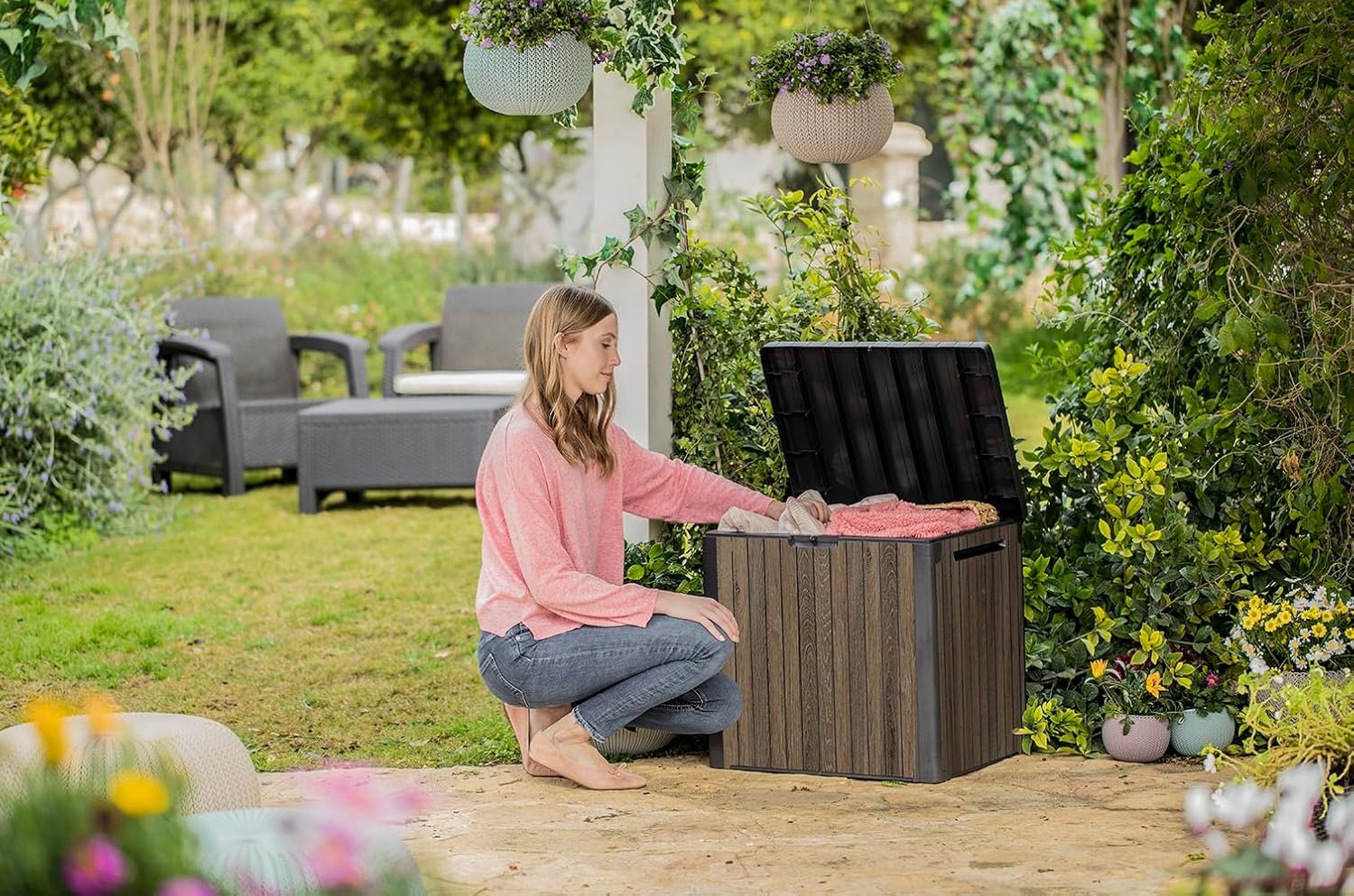 image:imageKeter Signature Collection 150 Gallon Resin Deck Box Organization and Storage Box for Patio Outdoor Cushions Throw Pillows Garden Tools and Pool Supplies WalnutWalnut