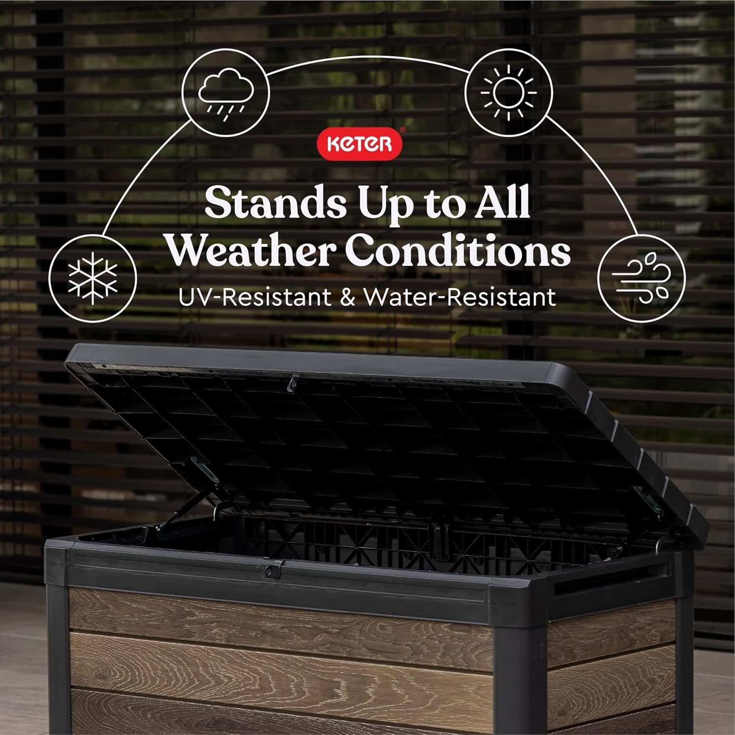 image:imageKeter Signature Collection 150 Gallon Resin Deck Box Organization and Storage Box for Patio Outdoor Cushions Throw Pillows Garden Tools and Pool Supplies WalnutWalnut