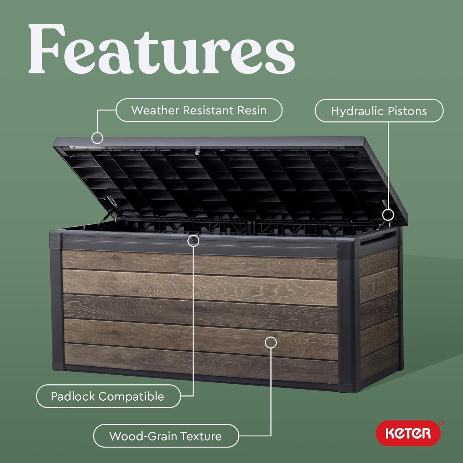 image:imageKeter Signature Collection 150 Gallon Resin Deck Box Organization and Storage Box for Patio Outdoor Cushions Throw Pillows Garden Tools and Pool Supplies WalnutWalnut