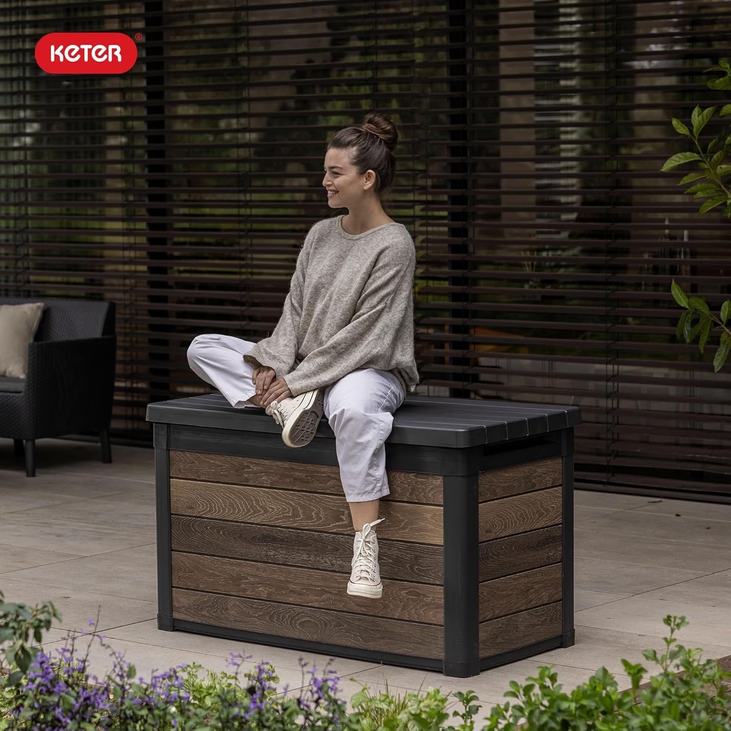 image:imageKeter Signature Collection 150 Gallon Resin Deck Box Organization and Storage for Patio Outdoor Cushions Throw Pillows Garden Tools and Pool Supplies RosewoodWalnut