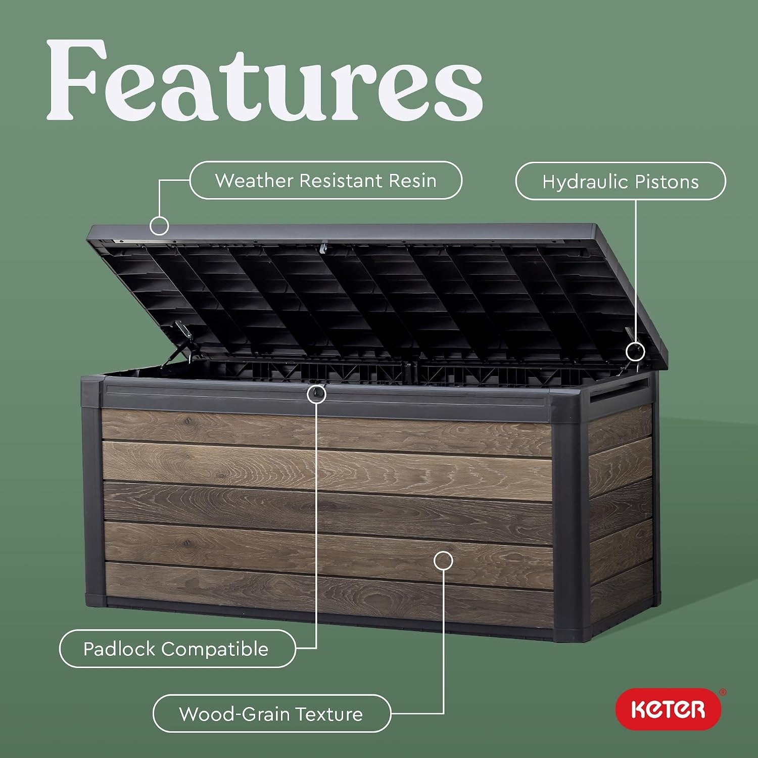 image:imageKeter Signature Collection 150 Gallon Resin Deck Box Organization and Storage for Patio Outdoor Cushions Throw Pillows Garden Tools and Pool Supplies RosewoodWalnut