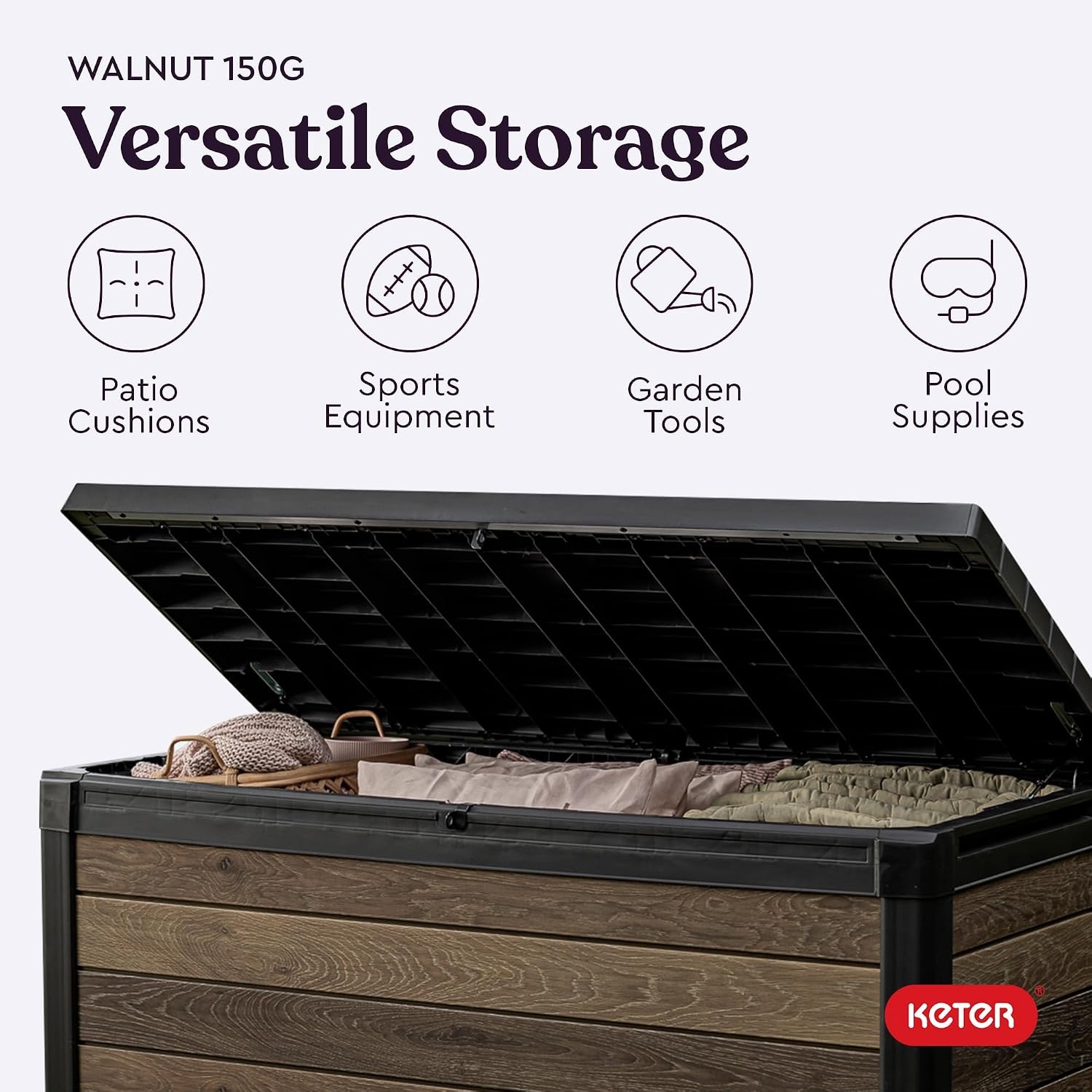 image:imageKeter Signature Collection 150 Gallon Resin Deck Box Organization and Storage for Patio Outdoor Cushions Throw Pillows Garden Tools and Pool Supplies RosewoodWalnut