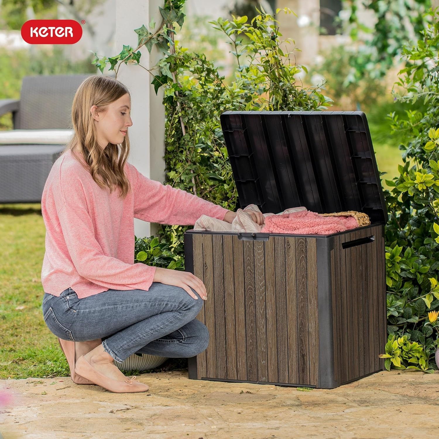 image:imageKeter Signature Collection 150 Gallon Resin Deck Box Organization and Storage for Patio Outdoor Cushions Throw Pillows Garden Tools and Pool Supplies RosewoodWalnut
