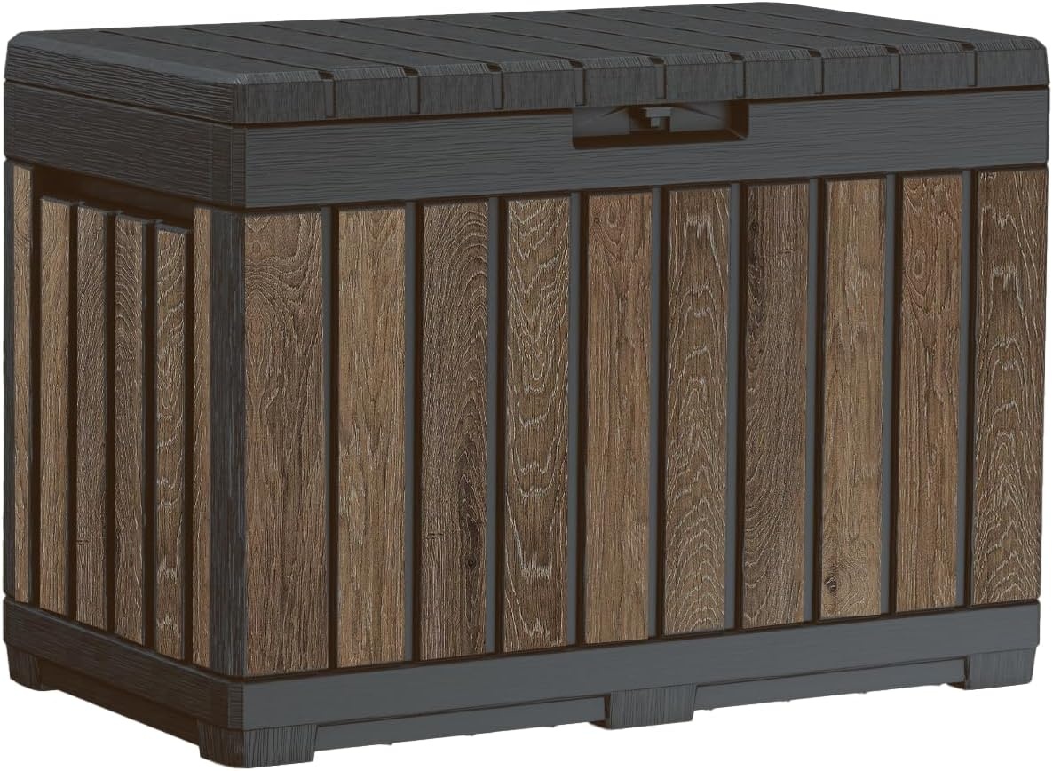 image:imageKeter Signature Collection 150 Gallon Resin Deck Box Organization and Storage for Patio Outdoor Cushions Throw Pillows Garden Tools and Pool Supplies RosewoodWalnut