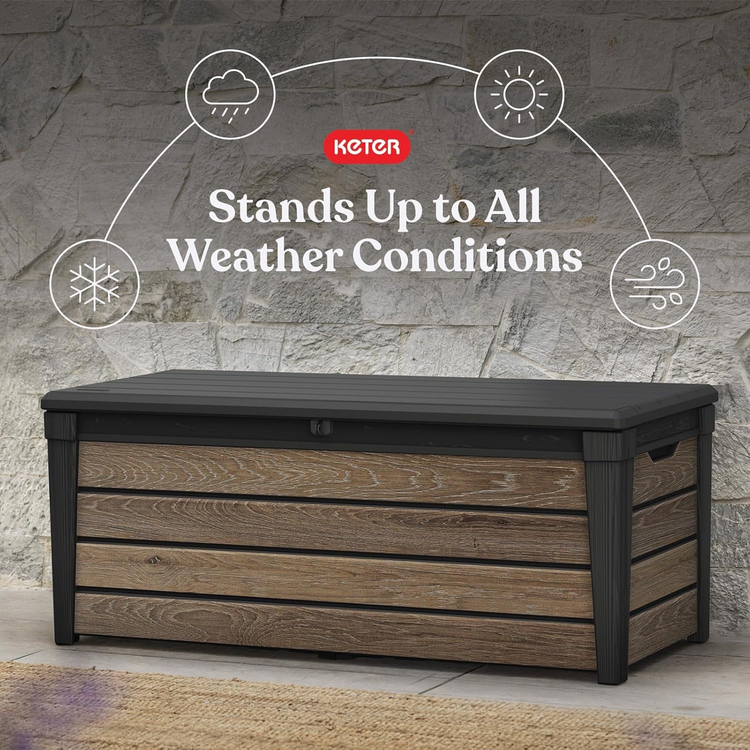 image:imageKeter Signature Collection 150 Gallon Resin Deck Box Organization and Storage for Patio Outdoor Cushions Throw Pillows Garden Tools and Pool Supplies RosewoodWalnut