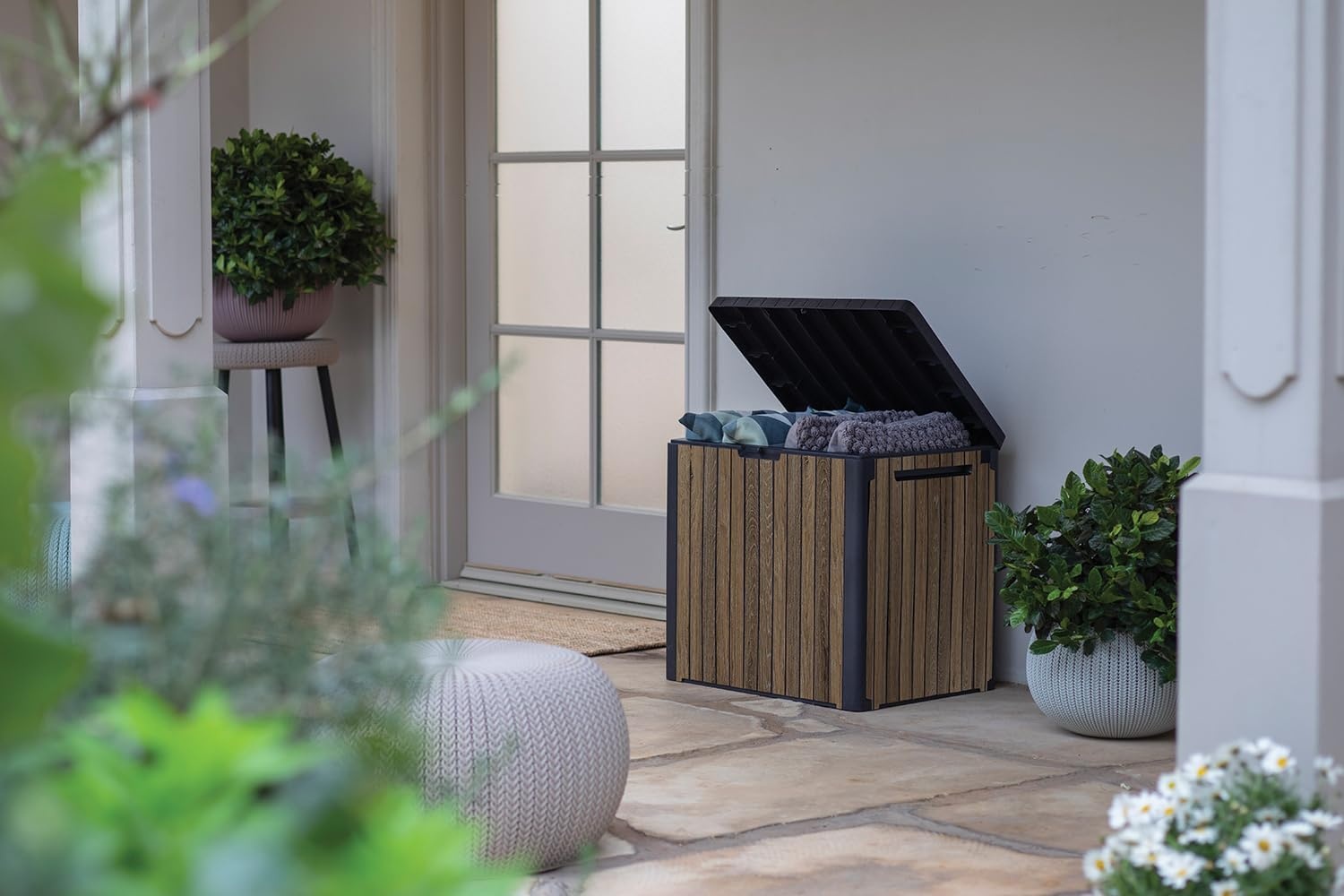 image:imageKeter Signature Collection 150 Gallon Resin Deck Box Organization and Storage for Patio Outdoor Cushions Throw Pillows Garden Tools and Pool Supplies RosewoodWalnut