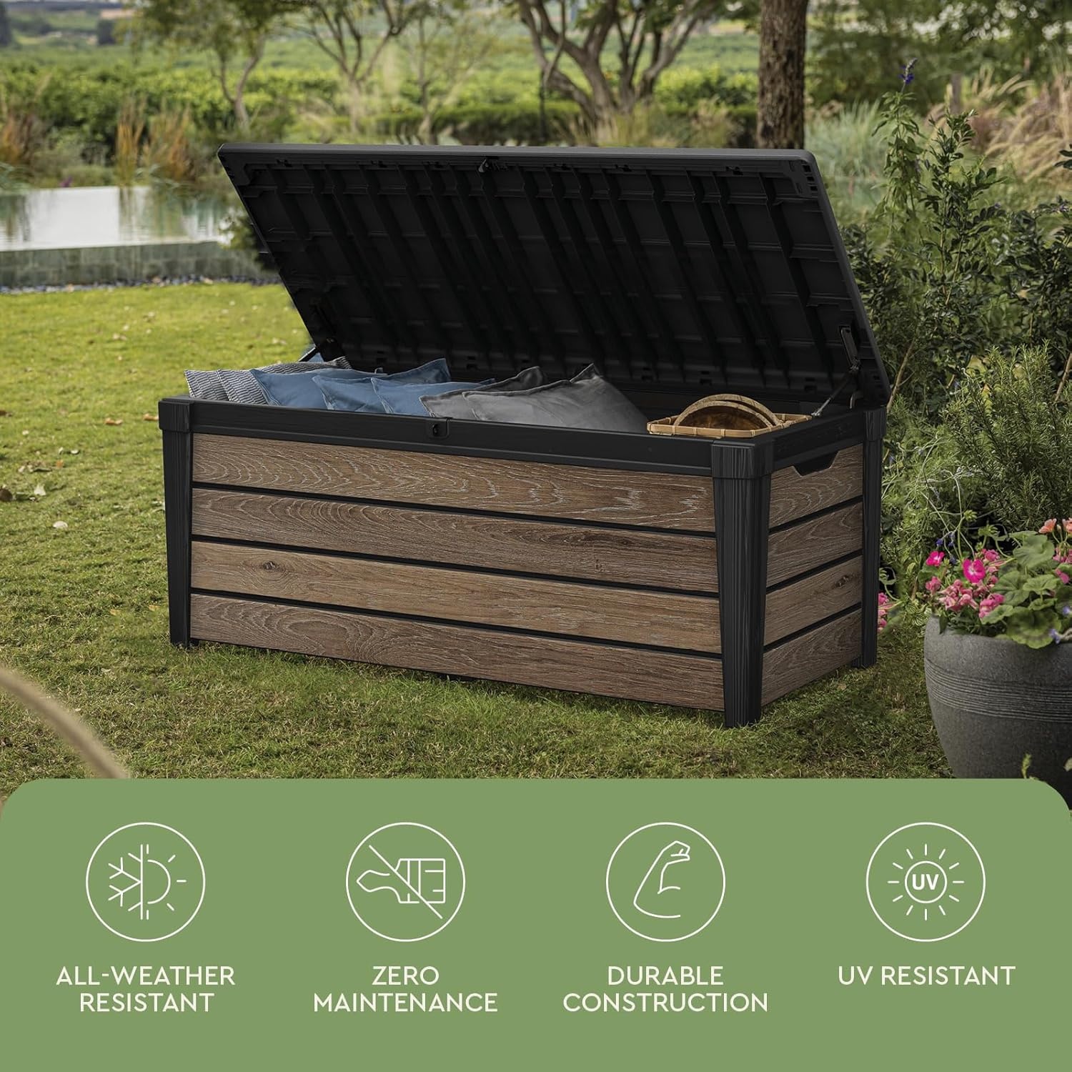 image:imageKeter Signature Collection 150 Gallon Resin Deck Box Organization and Storage for Patio Outdoor Cushions Throw Pillows Garden Tools and Pool Supplies RosewoodWalnut