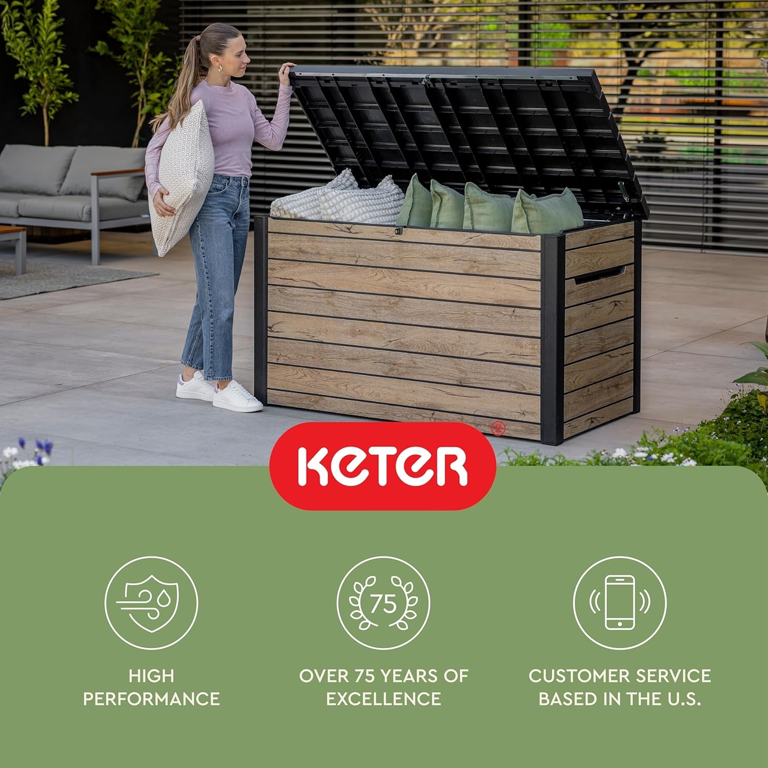 image:imageKeter Signature Collection 230 Gallon Resin Deck Box Organization and Storage Box for Patio Outdoor Cushions Throw Pillows Garden Tools and Pool Supplies Pine