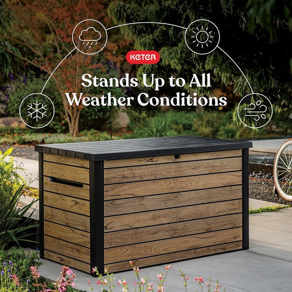 image:imageKeter Signature Collection 230 Gallon Resin Deck Box Organization and Storage Box for Patio Outdoor Cushions Throw Pillows Garden Tools and Pool Supplies Pine