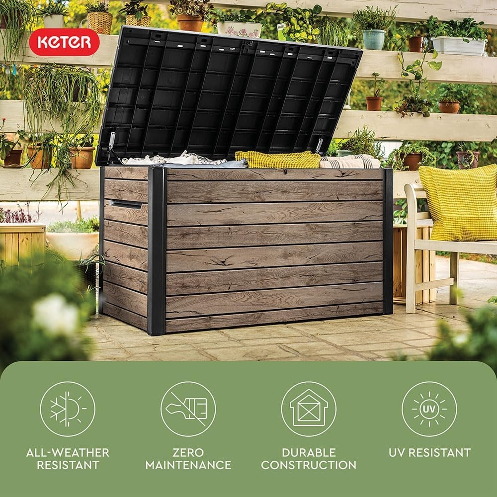 image:imageKeter Signature Collection 230 Gallon Resin Deck Box Organization and Storage Box for Patio Outdoor Cushions Throw Pillows Garden Tools and Pool Supplies Pine