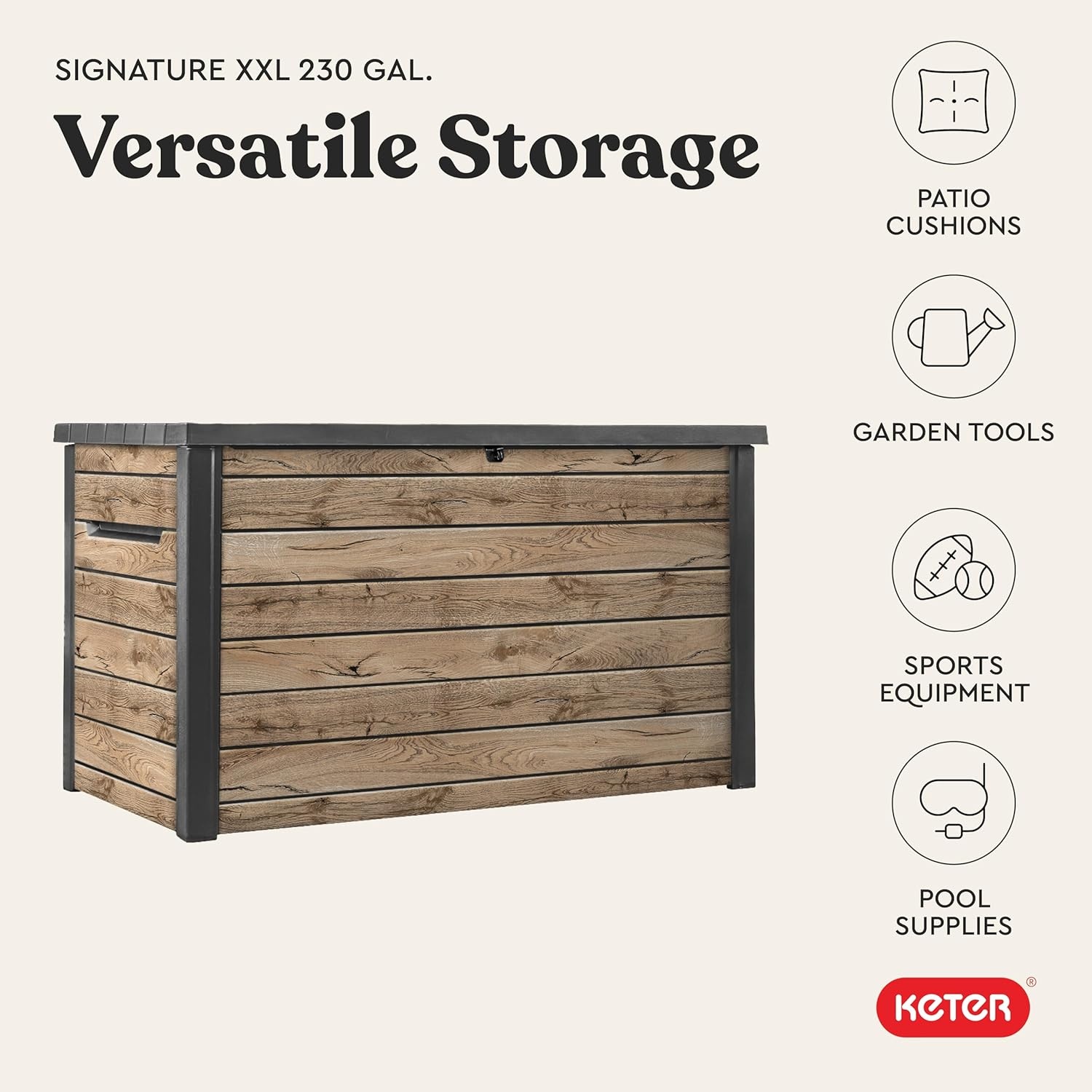 image:imageKeter Signature Collection 230 Gallon Resin Deck Box Organization and Storage Box for Patio Outdoor Cushions Throw Pillows Garden Tools and Pool Supplies Pine