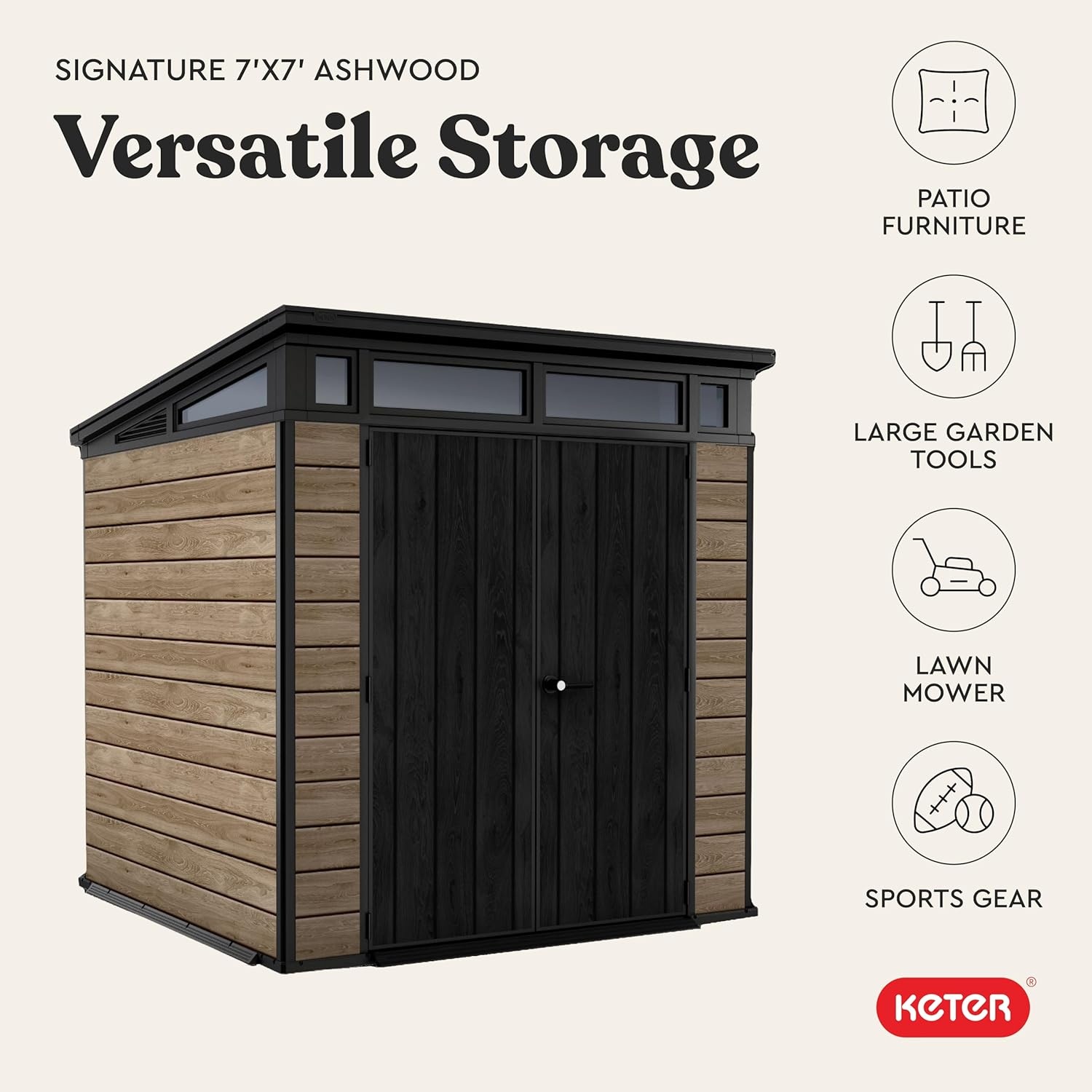 image:imageKeter Signature Collection 7x7 Ft AllWeather Storage Shed with Skylight Window Builtin Ventilation amp Lockable Double Doors Ashwood