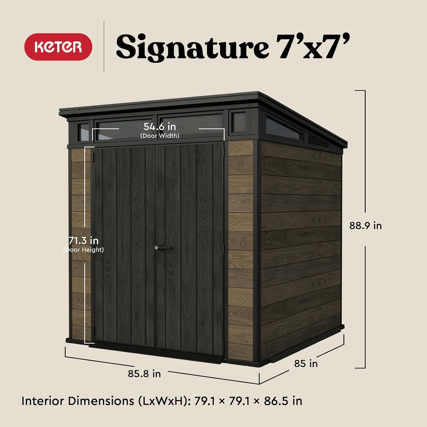 image:imageKeter Signature Collection 7x7 Ft AllWeather Storage Shed with Skylight Window Builtin Ventilation amp Lockable Double Doors Walnut