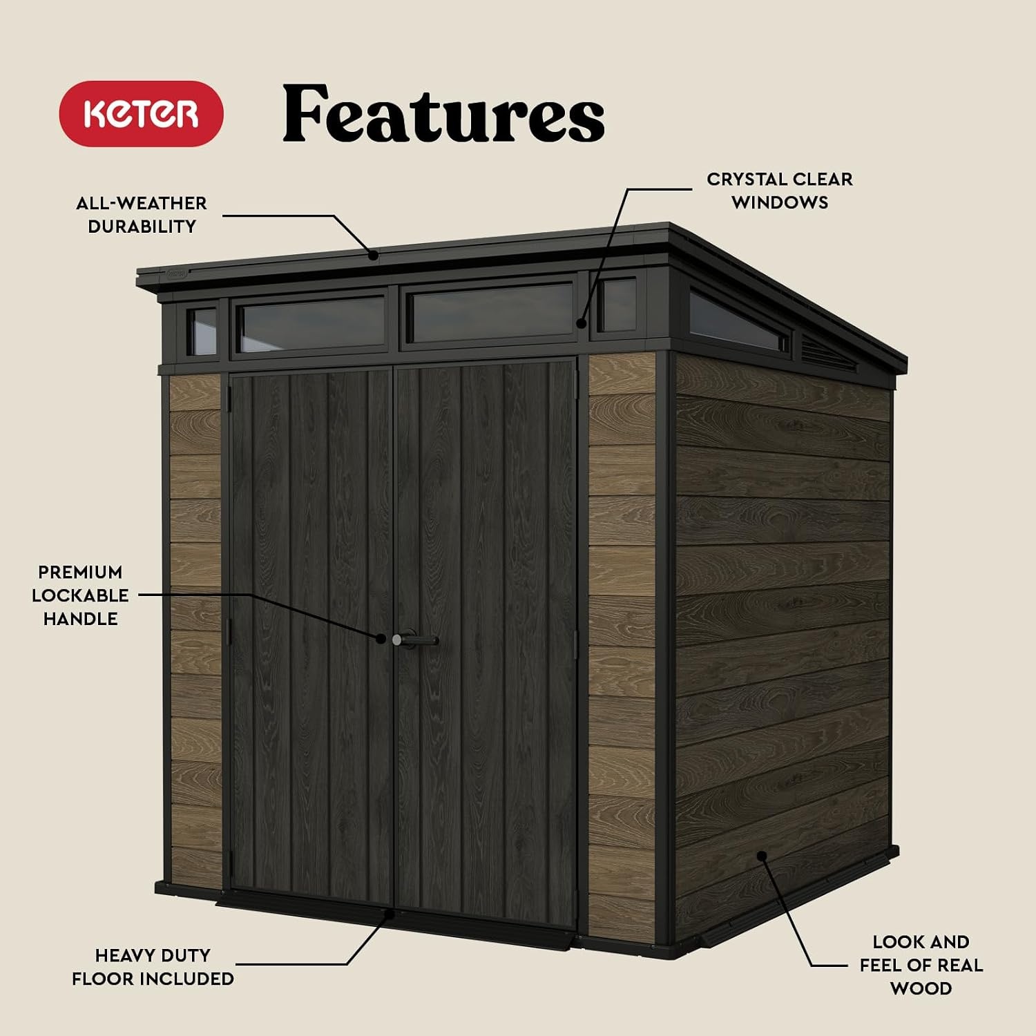 image:imageKeter Signature Collection 7x7 Ft AllWeather Storage Shed with Skylight Window Builtin Ventilation amp Lockable Double Doors Walnut