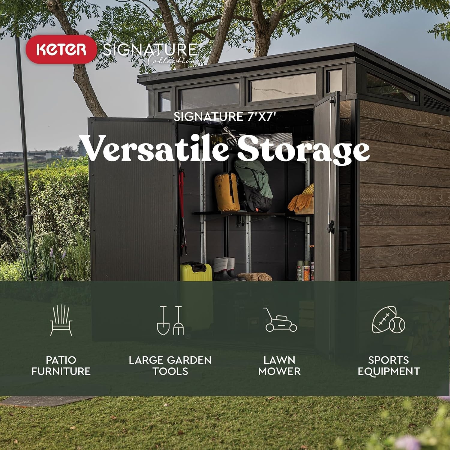 image:imageKeter Signature Collection 7x7 Ft AllWeather Storage Shed with Skylight Window Builtin Ventilation amp Lockable Double Doors Walnut
