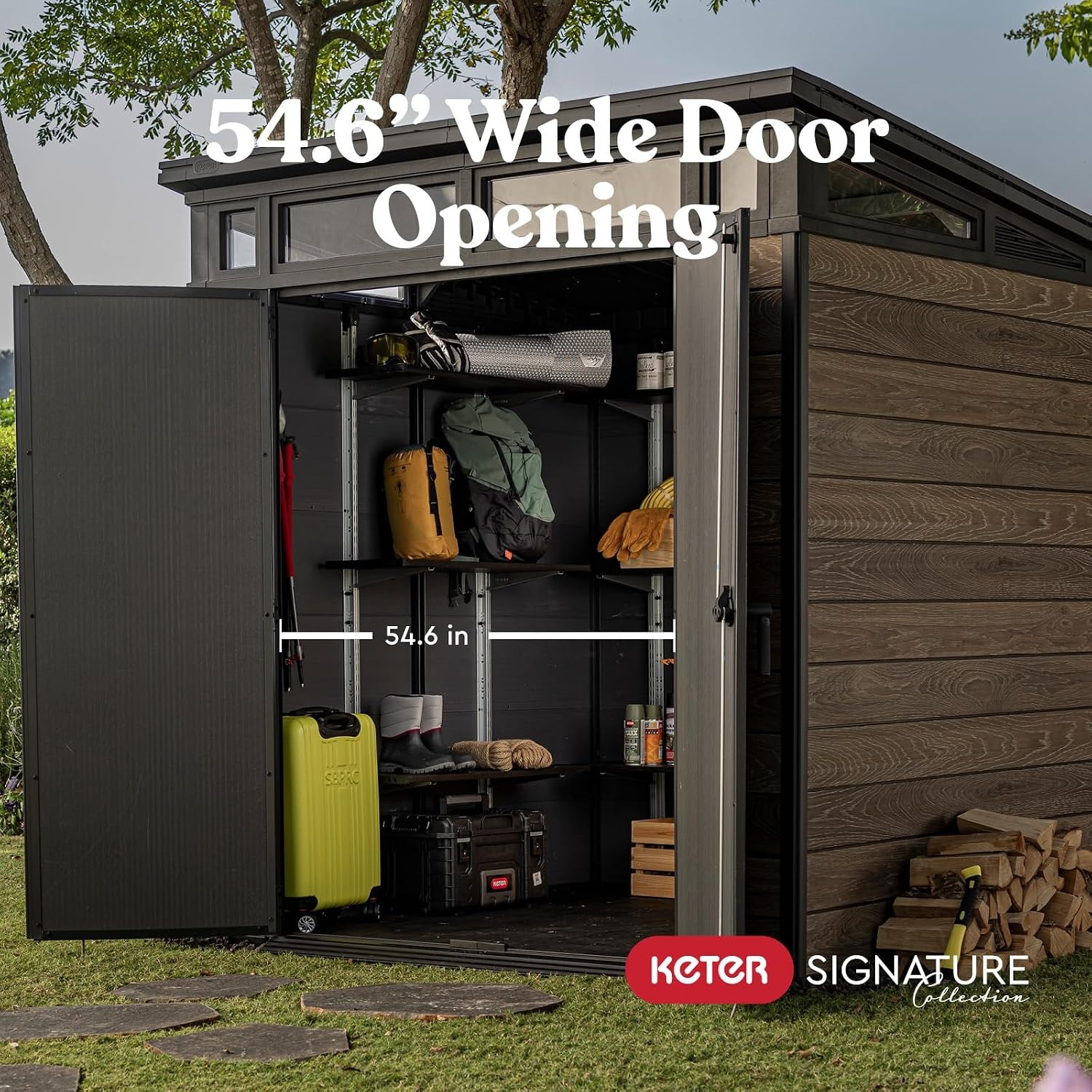 image:imageKeter Signature Collection 7x7 Ft AllWeather Storage Shed with Skylight Window Builtin Ventilation amp Lockable Double Doors Walnut