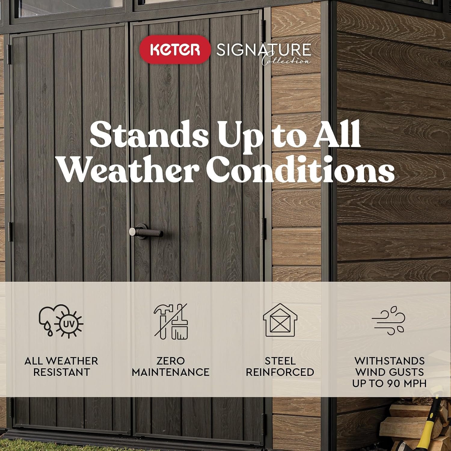 image:imageKeter Signature Collection 7x7 Ft AllWeather Storage Shed with Skylight Window Builtin Ventilation amp Lockable Double Doors Walnut