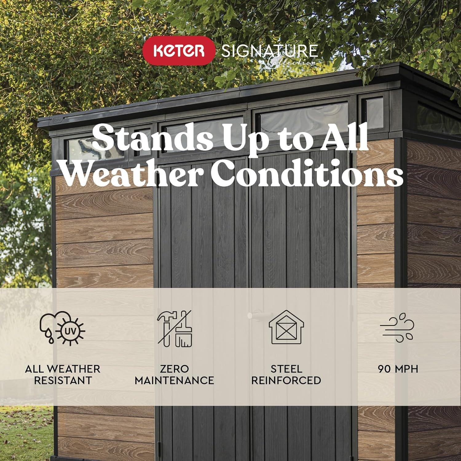 image:imageKeter Signature Collection 9x7 Ft AllWeather Storage Shed with Skylight Window Builtin Ventilation amp Lockable Double Doors Walnut