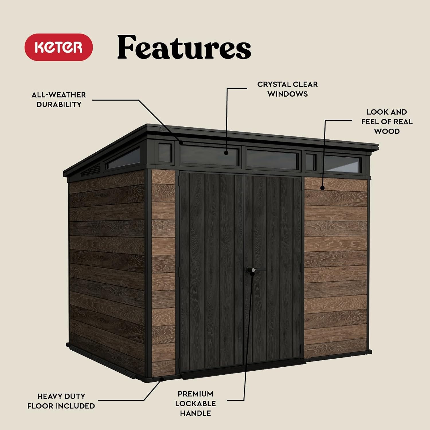 image:imageKeter Signature Collection 9x7 Ft AllWeather Storage Shed with Skylight Window Builtin Ventilation amp Lockable Double Doors Walnut