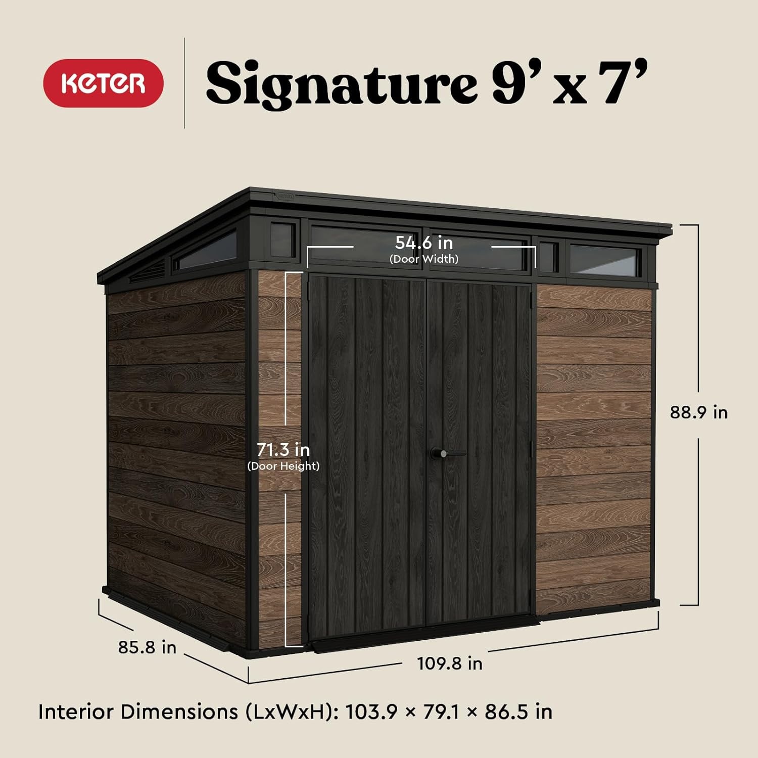 image:imageKeter Signature Collection 9x7 Ft AllWeather Storage Shed with Skylight Window Builtin Ventilation amp Lockable Double Doors Walnut