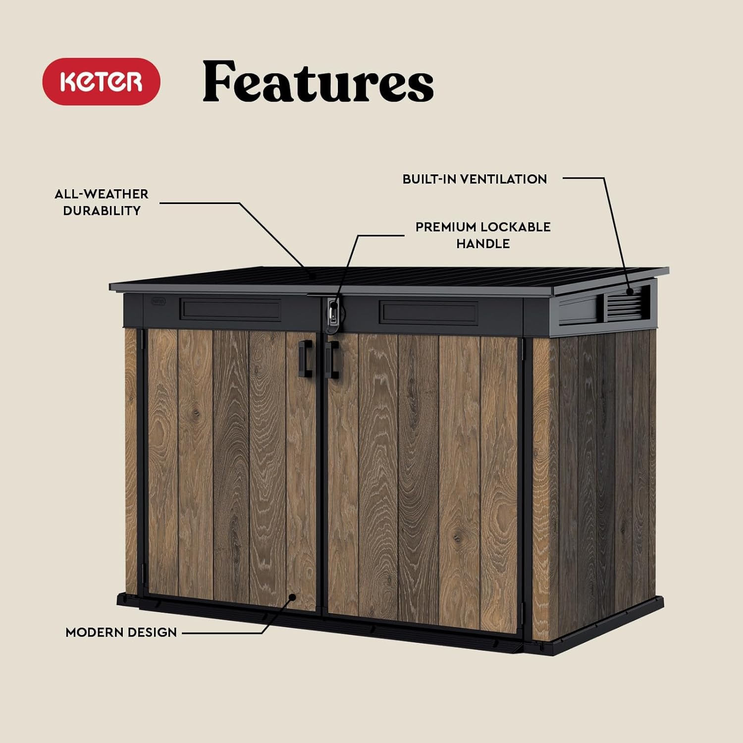 image:imageKeter Signature Collection All Weather Outdoor Storage Shed Durable Resin Garden Shed with Builtin Ventilation amp Lockable Double Doors Walnut Finish
